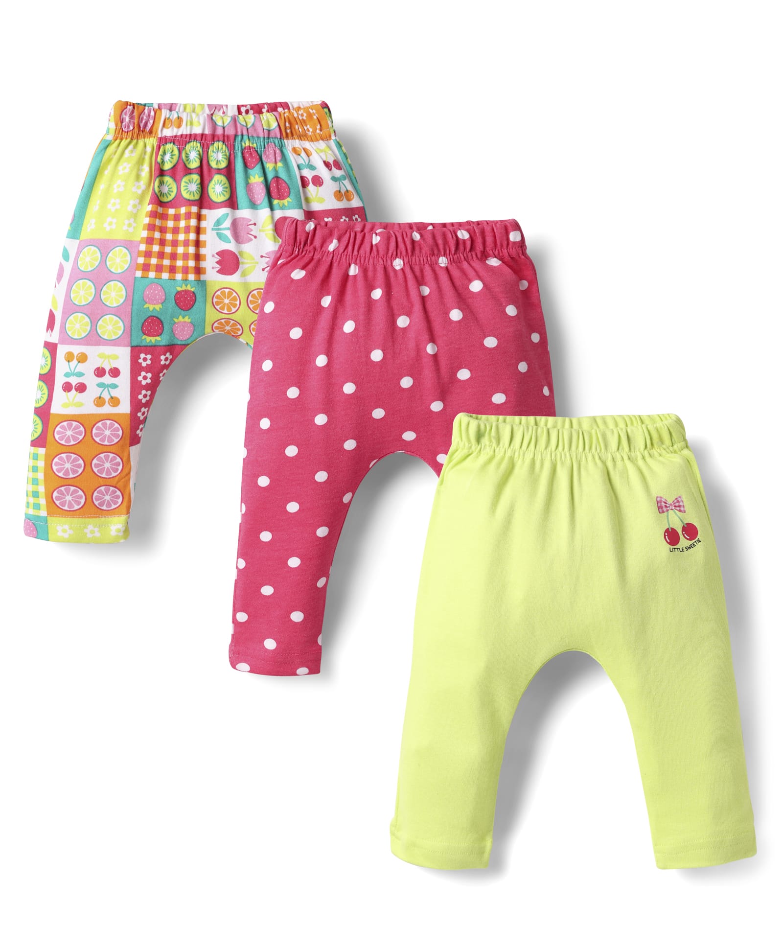 Babyhug Cotton Knit Full Length Fruit & Polka Dot Printed Diaper Leggings Pack of 3 - Multicolor-image-49