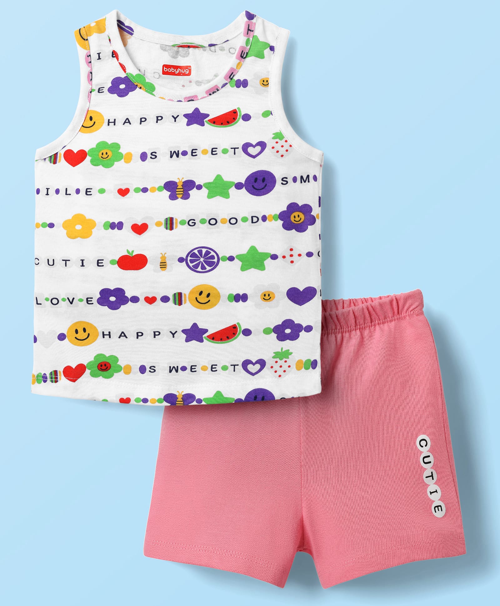 Babyhug 100% Cotton Sleeveless Text Printed Sando & Shorts Set - Multicolour-image-38