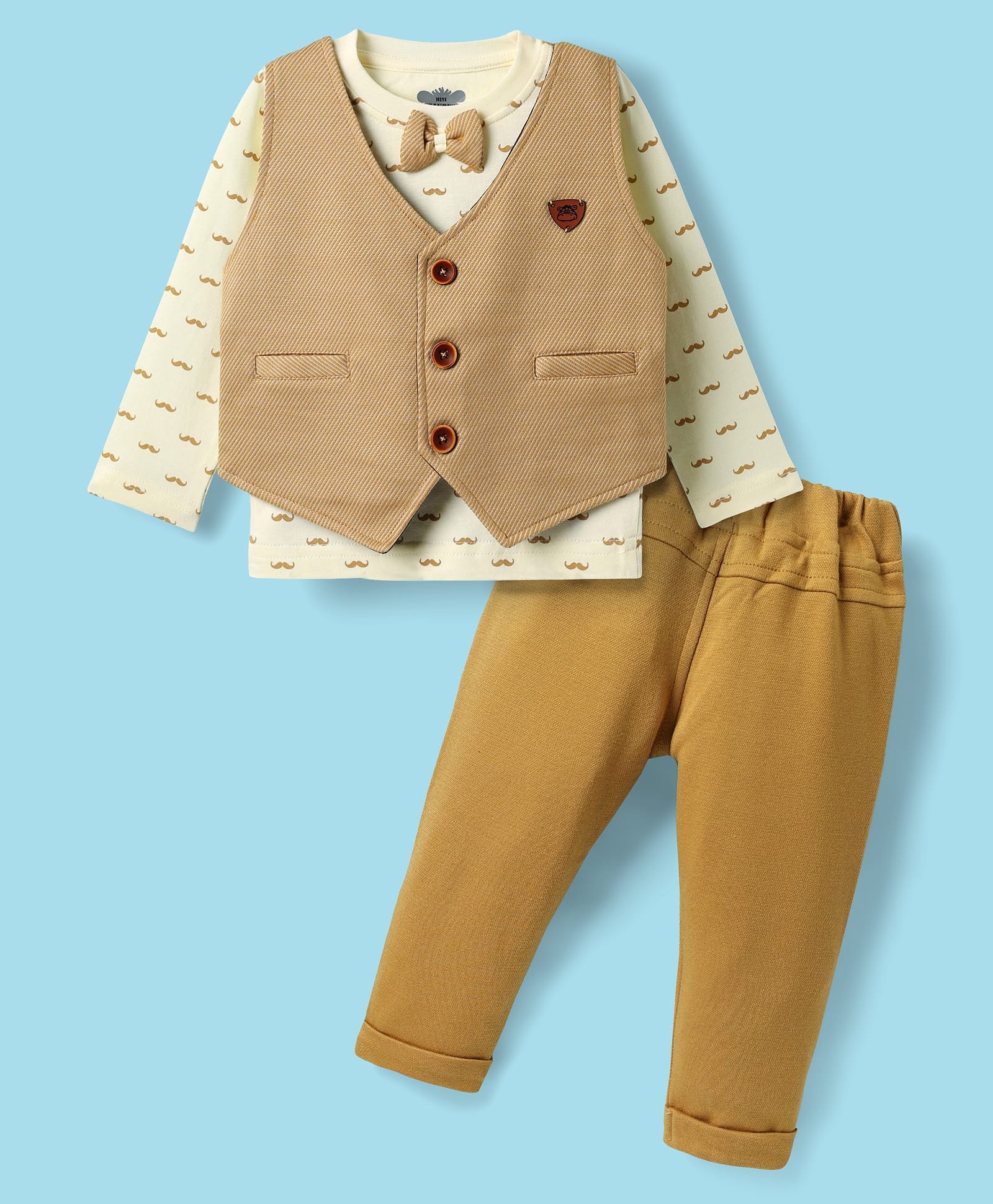 Mini Taurus Sinker Knit Full Sleeves 3 Piece Party Suit with Attached Bow with Moustache Print - Khaki & Yellow-image-42
