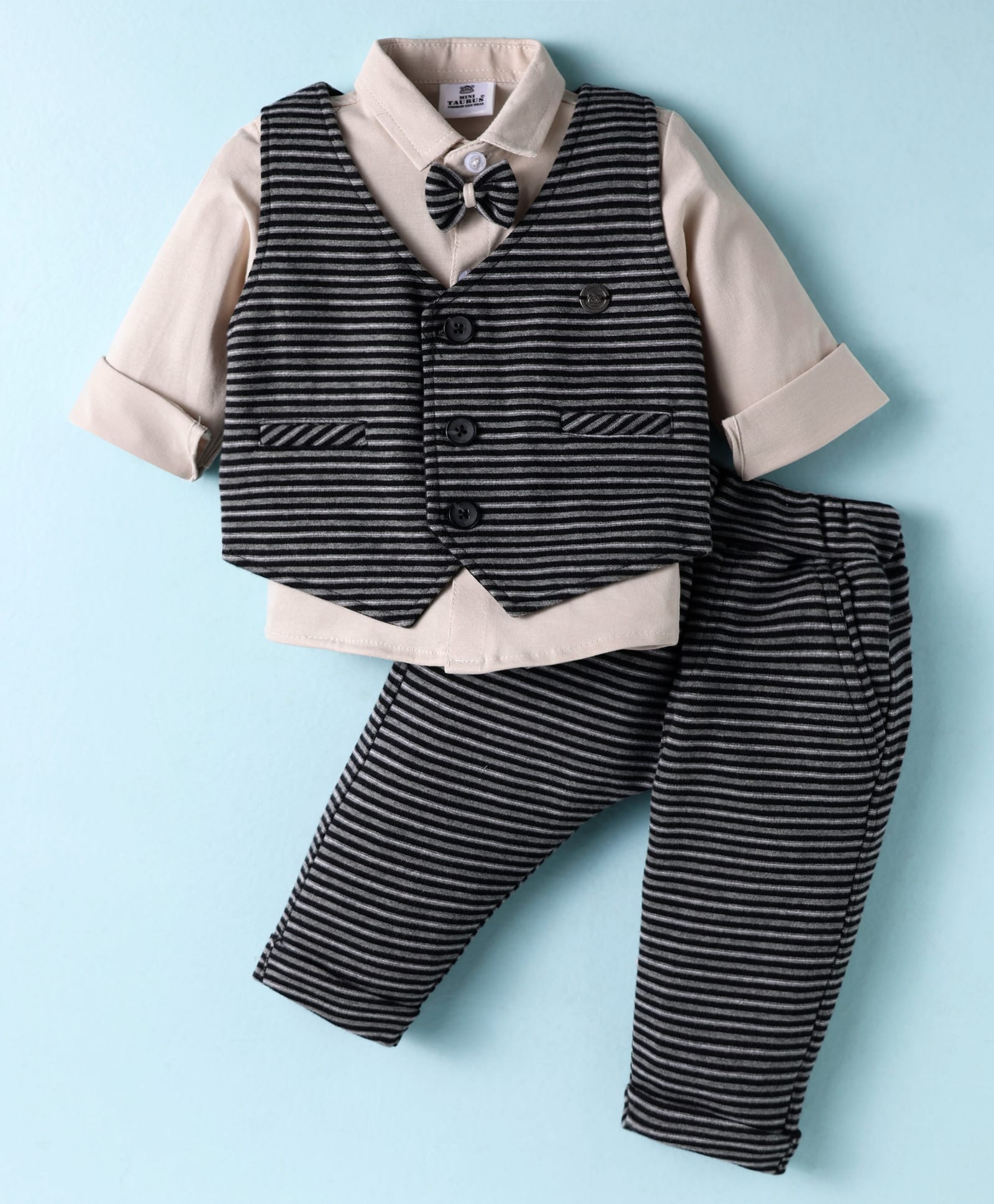 Mini Taurus Sinker Knit Full Sleeves 3 Piece Party Suit with Attached Bow with Stripes - Grey & Tan-picture-17