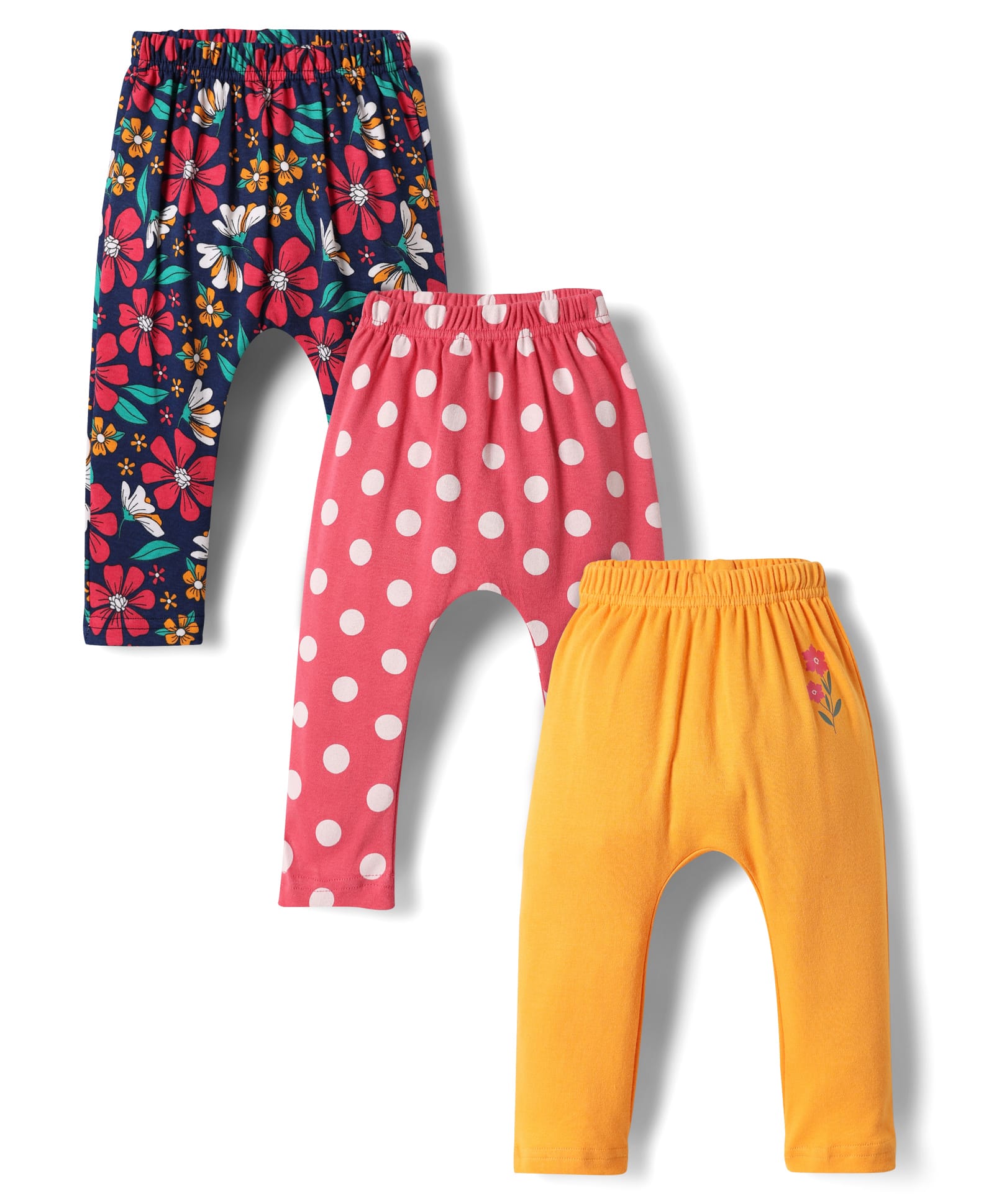 Babyhug Cotton Knit Full Length Polka Dot & Floral Printed Diaper Leggings Pack of 3 - Yellow Pink & Navy Blue-image-21