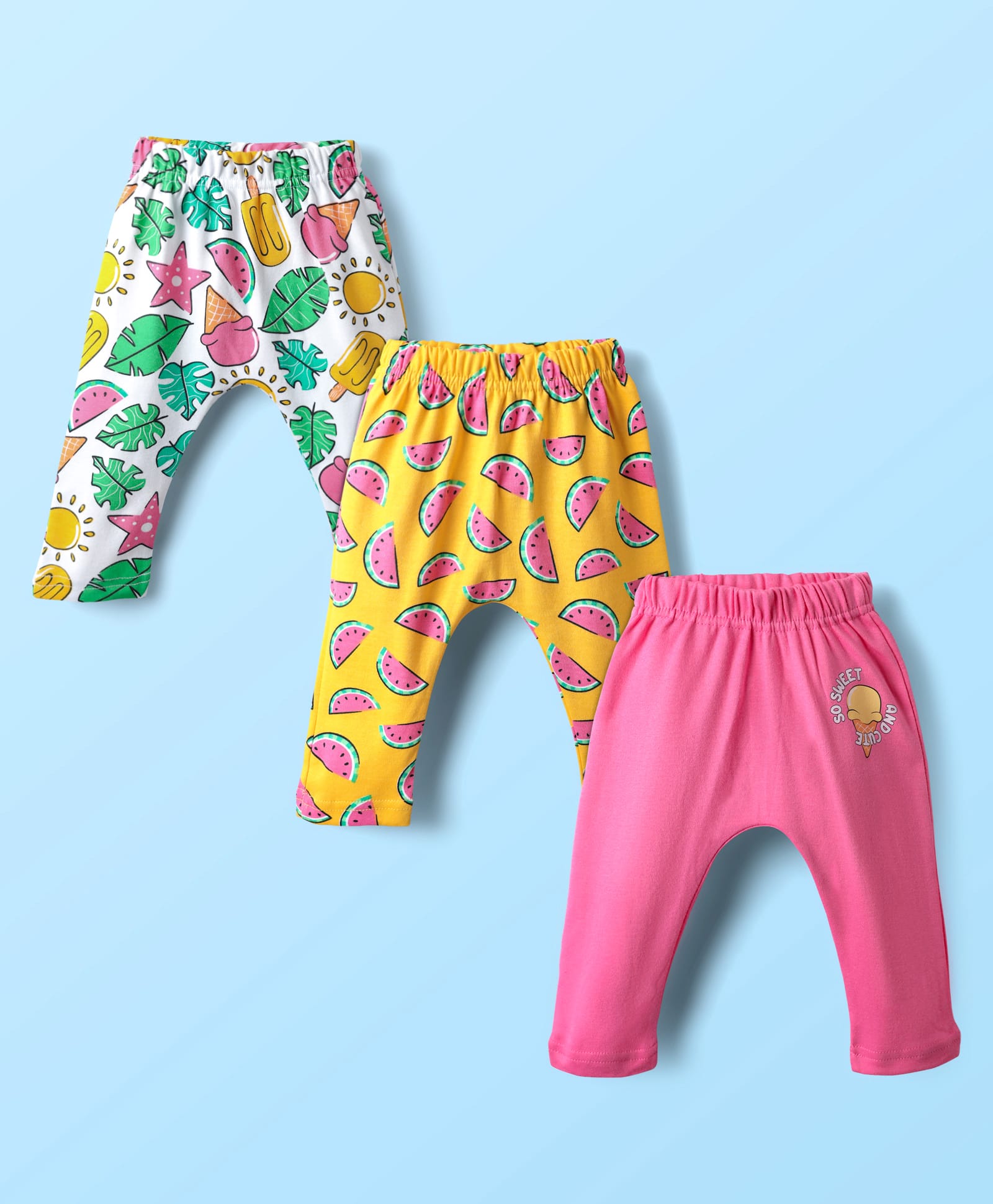 Babyhug Cotton Knit Full Length Daiper Leggings with Tropical Theme Print Pack of 3 - Yellow White & Pink-picture-21