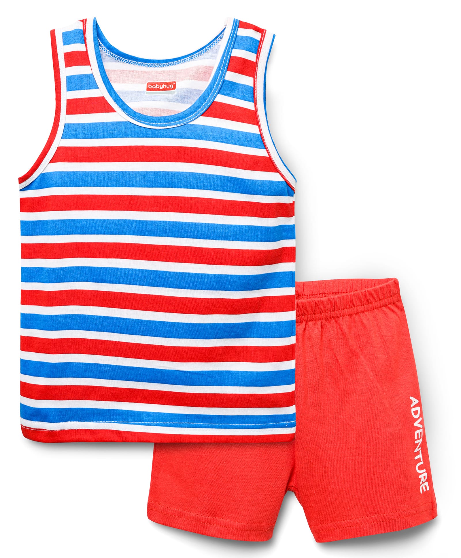 Babyhug 100% Cotton Single Jersey Knit Sleeveless Sando & Shorts Set With Stripes & Text Print - Blue & Red-picture-25
