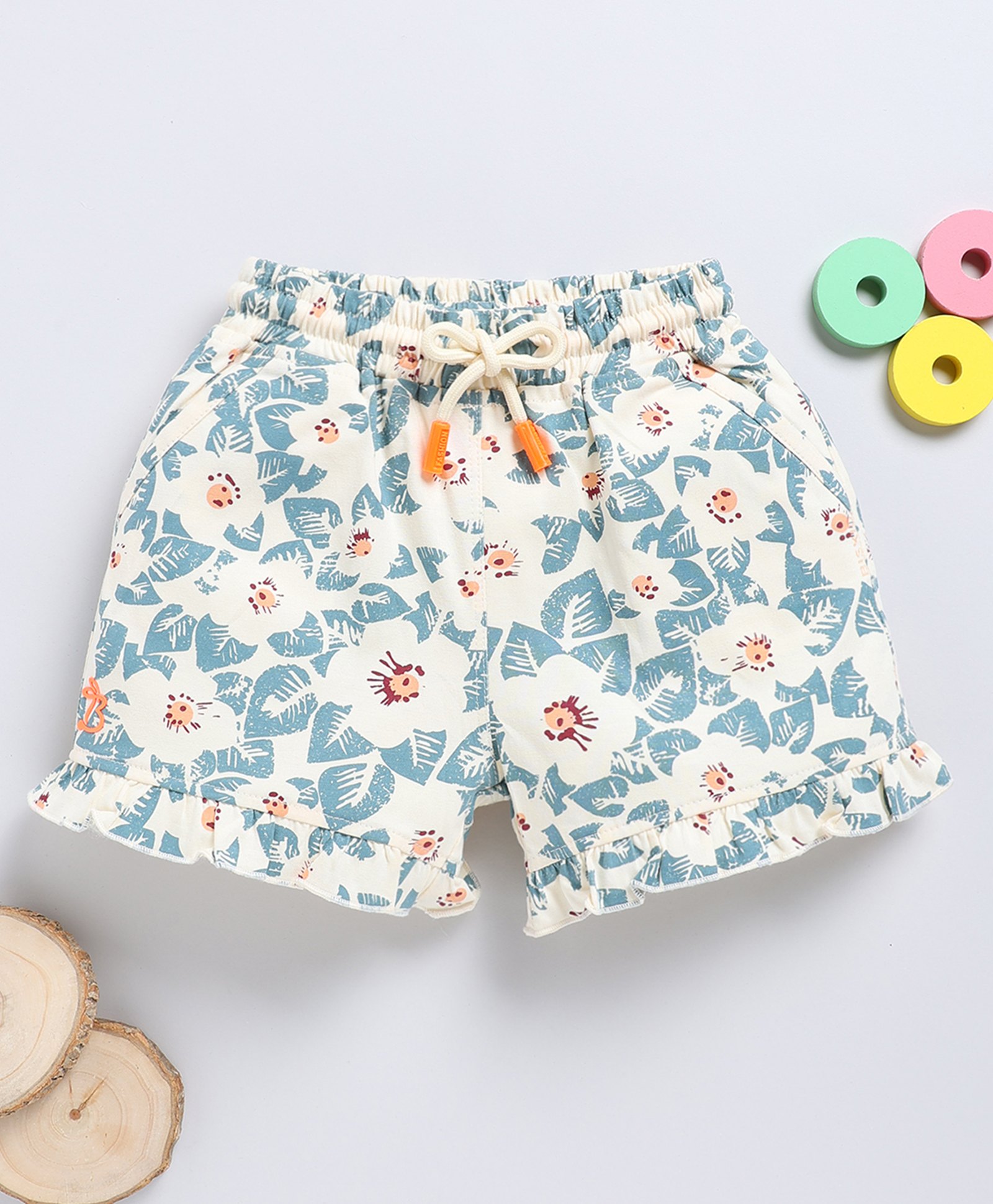 Biskid Cotton Leaves Printed Shorts - Beige & Blue-picture-11