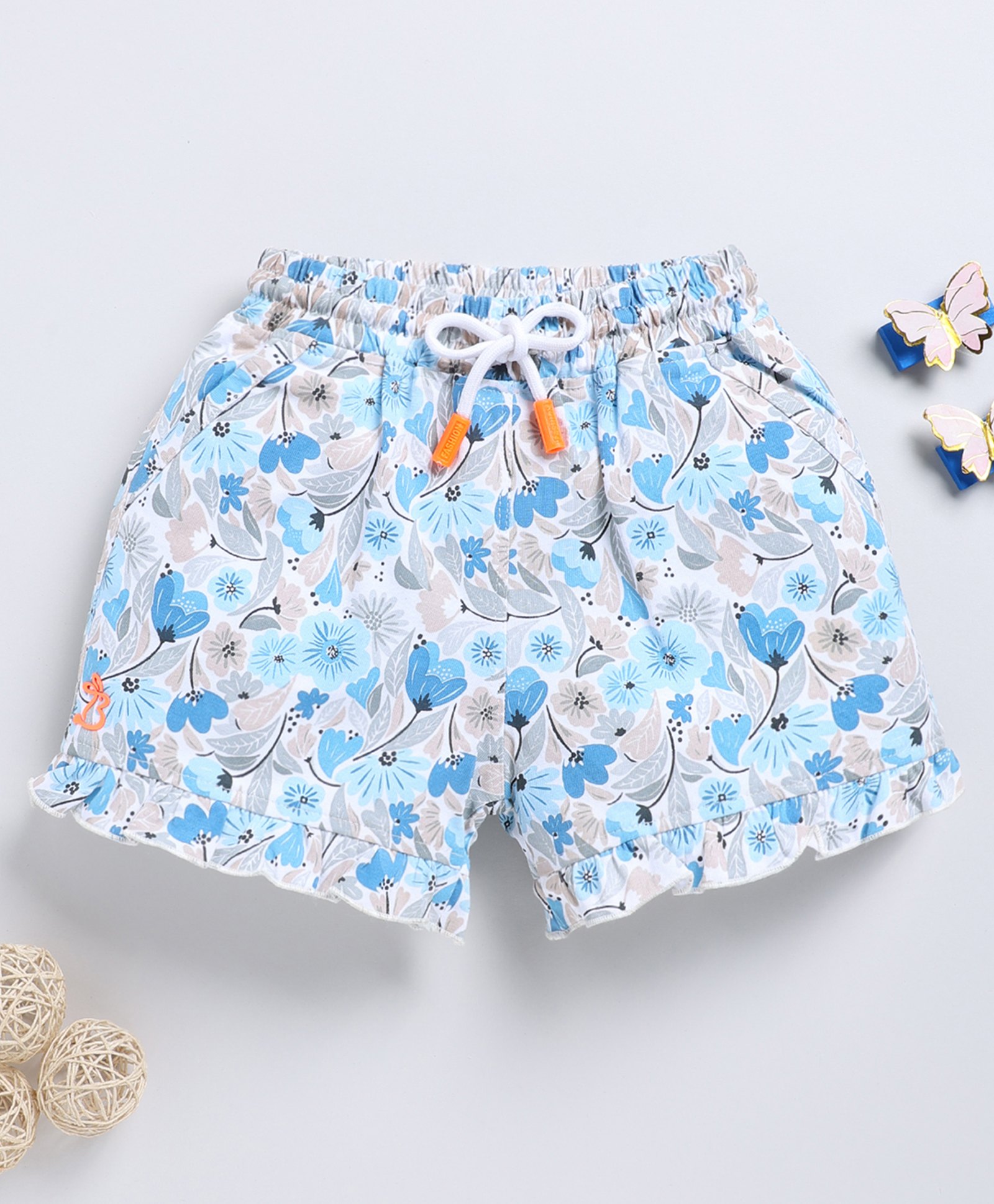 Biskid Cotton Floral Printed Shorts - White & Blue-picture-12