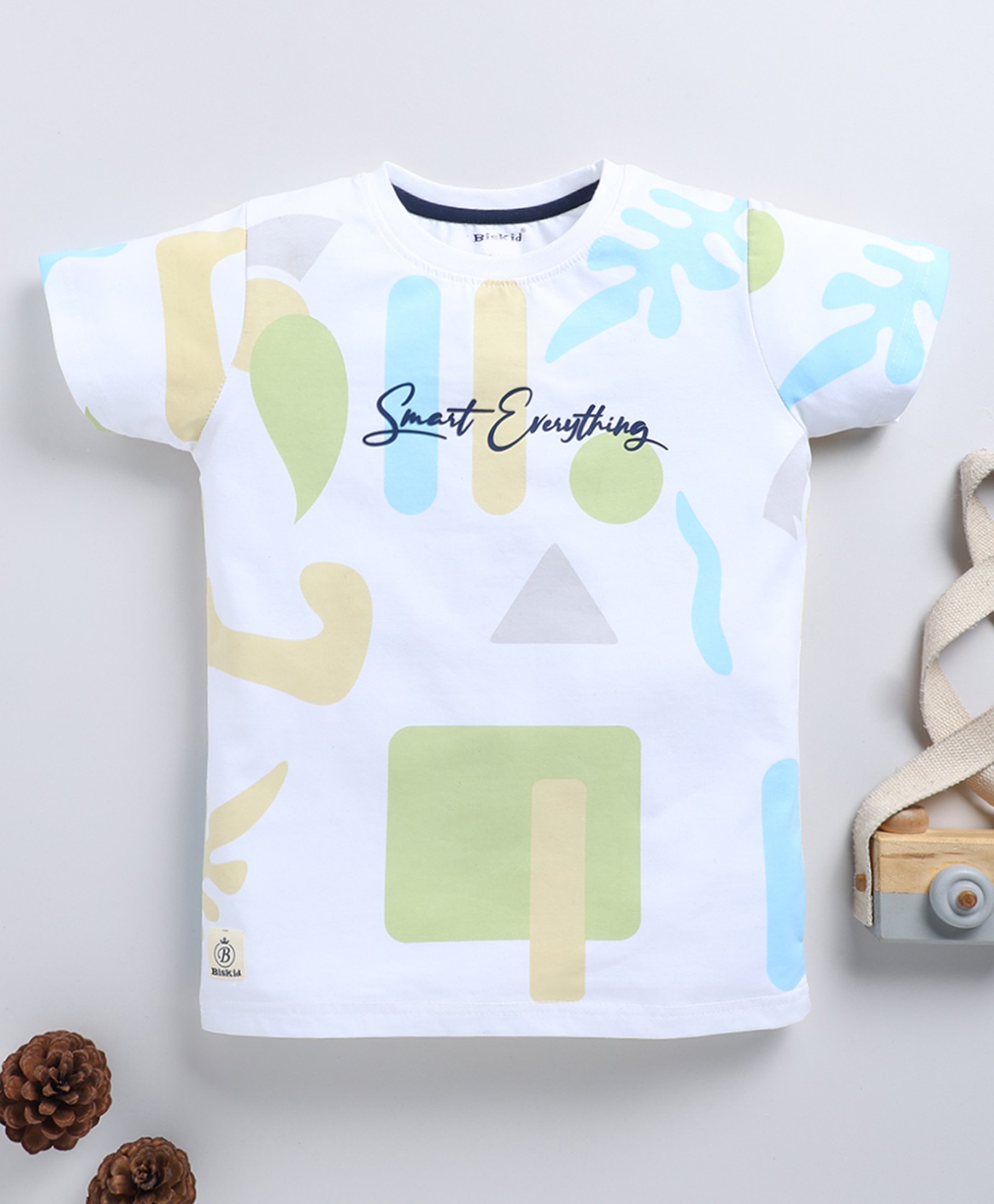 Biskid Cotton Lycra Half Sleeves Smart Everything Text Printed Tee - White & Green-image-5