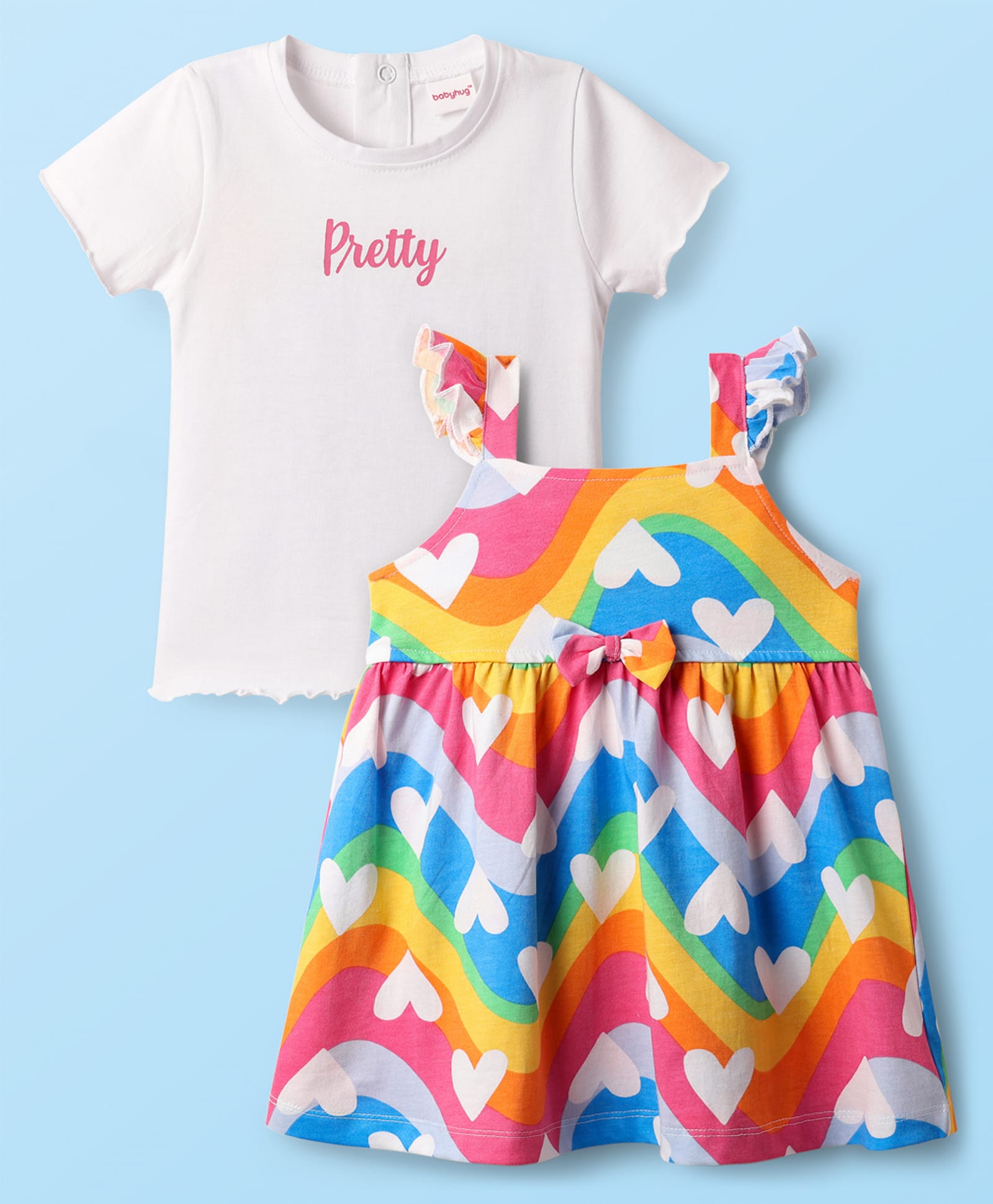 Babyhug Cotton Knit Half Sleeves Frock & Inner Tee with Hearts Print & Bow Detailing - Multicolour-picture-15