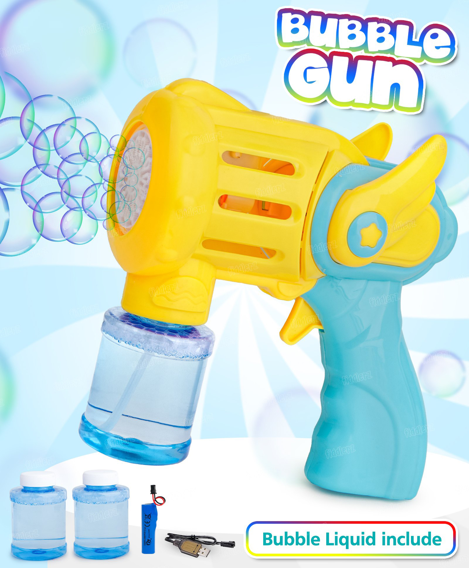 Fiddlerz Bubble Gun for Kids 15 Hole Electric Bubble Machine with Bright Light 2 Bubble Bottles and Rechargeable Battery Leak Proof Indoor Outdoor Fun ToyMulticolor-picture-27