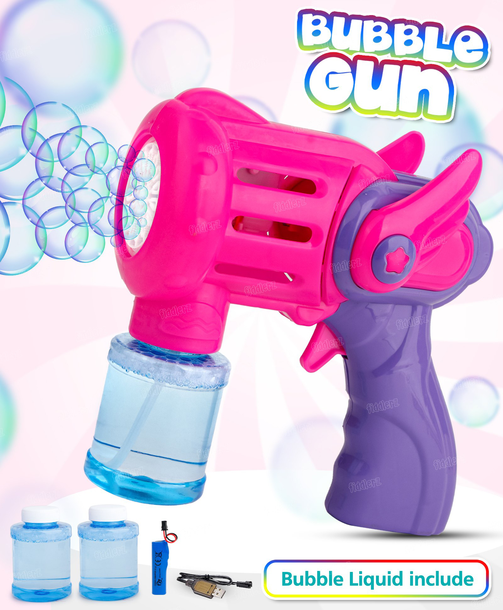 Fiddlerz Bubble Gun for Kids 15 Hole Electric Bubble Machine with Bright Light 2 Bubble Bottles and Rechargeable Battery Leak Proof Indoor Outdoor Fun Toy Pink-picture-18