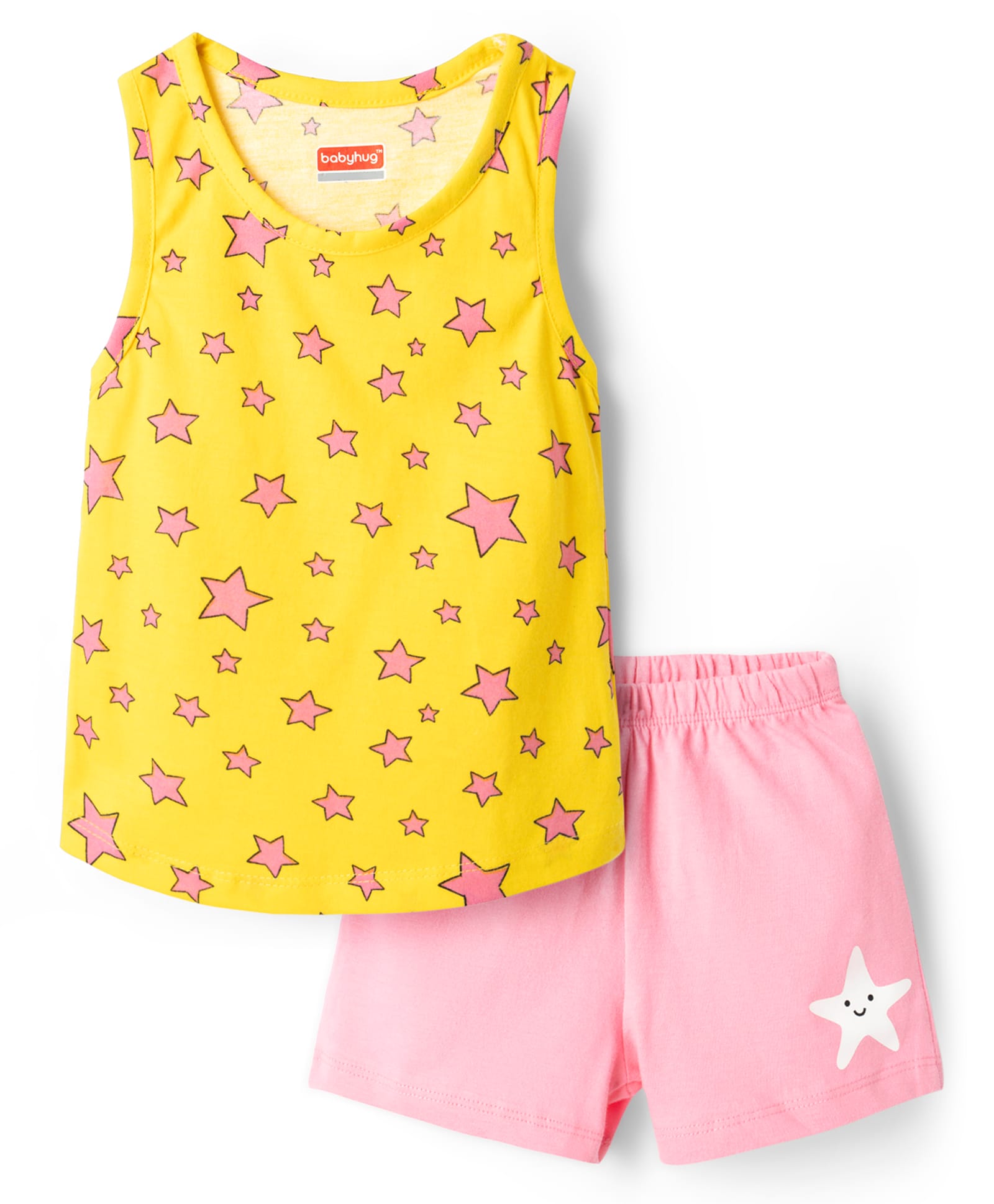Babyhug 100% Cotton Sleeveless Star Printed Sando & Shorts Set - Yellow & Pink-image-32