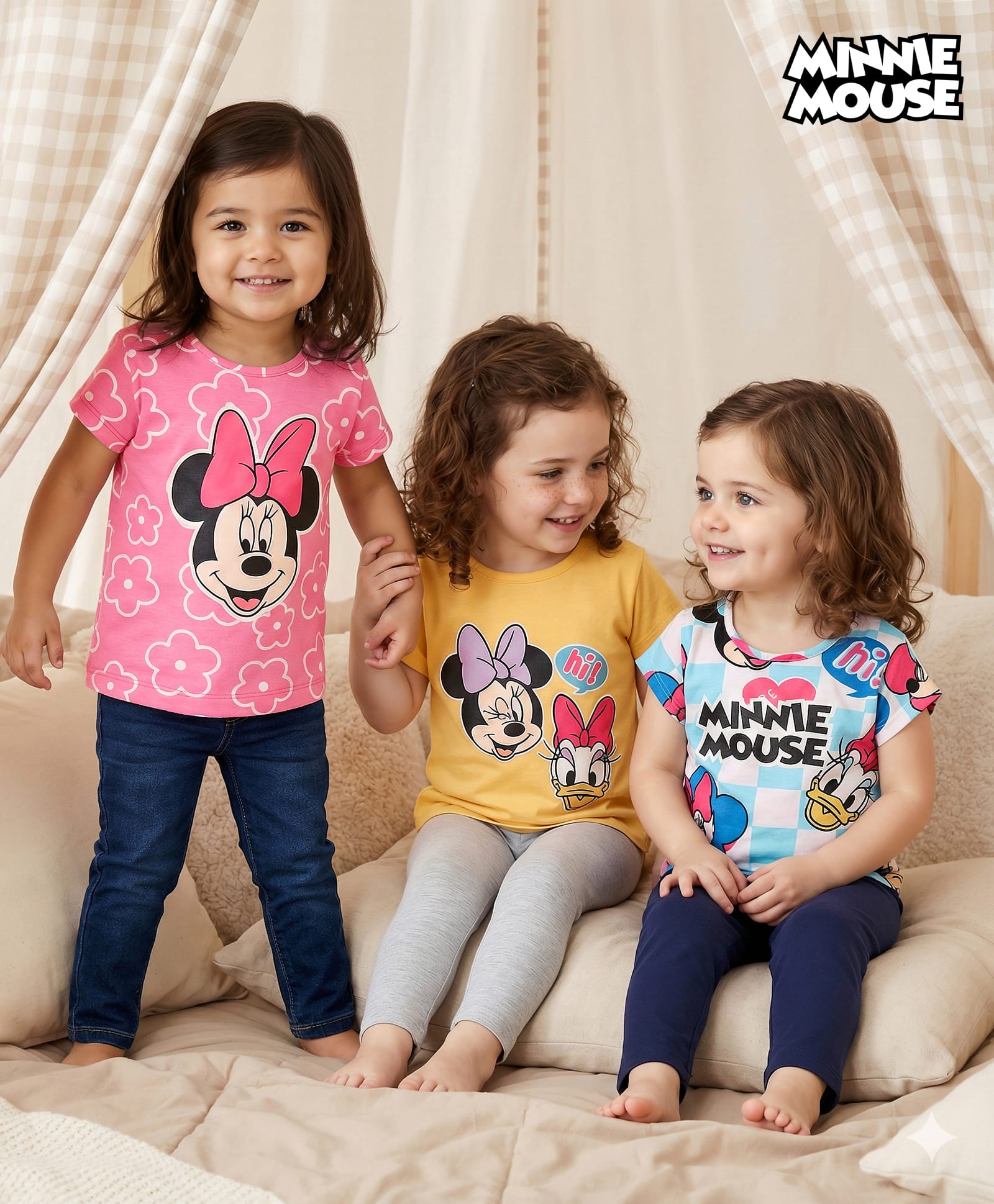 Babyhug Disney Cotton Knit Half Sleeves T-Shirts With Minnie Mouse & Friends Graphic Pack Of 3 - Pink Yellow & Light Blue-picture-24