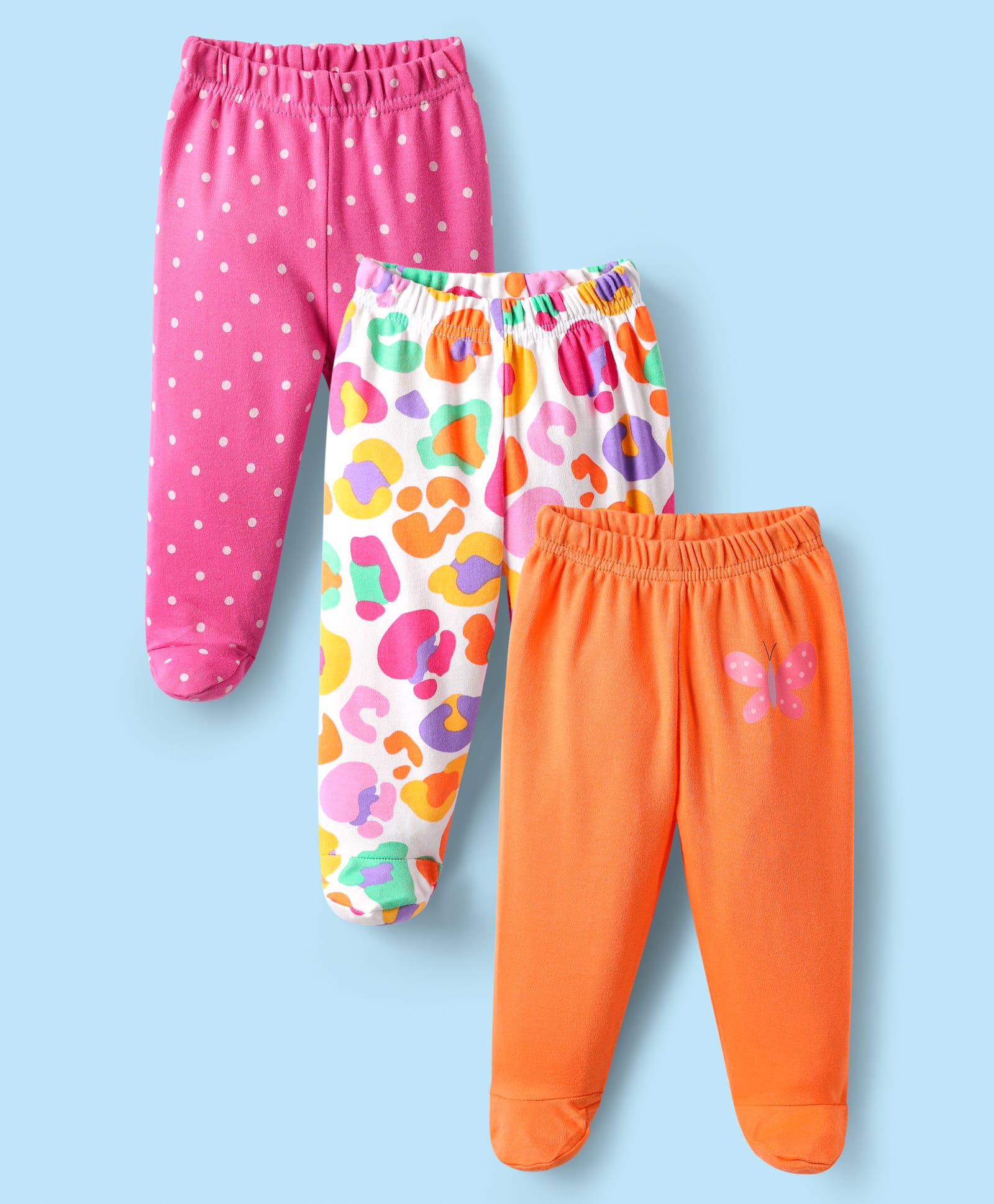 Babyhug Cotton Knit Footed Bootie Leggings With Polka Dots & Butterfly Print Pack Of 3 - Multi Colour-image-36