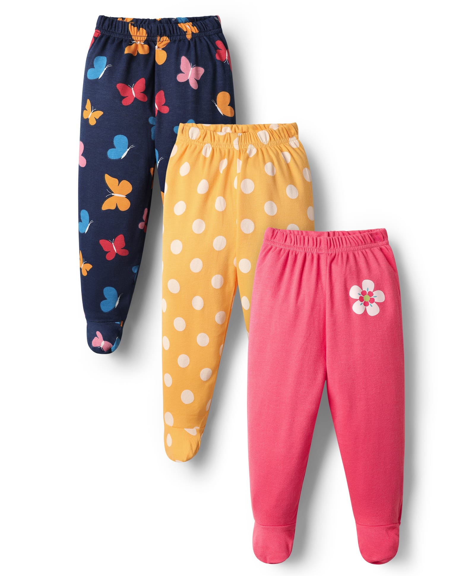 Babyhug Cotton Knit Footed Bootie Leggings With Floral Polka Dots & Butterfly Print Pack Of 3 - Navy Blue Yellow & Dark Pink-image-37