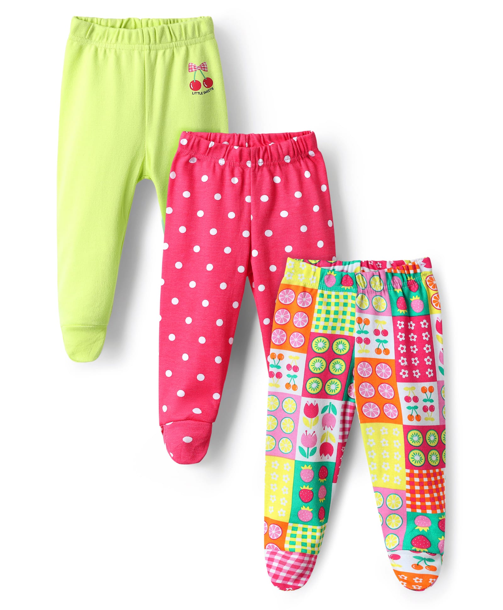 Babyhug Cotton Knit Full Length Bootie Leggings With Polka Dot & Tropical Theme Print Pack Of 3 - Pink & Light Green-image-19