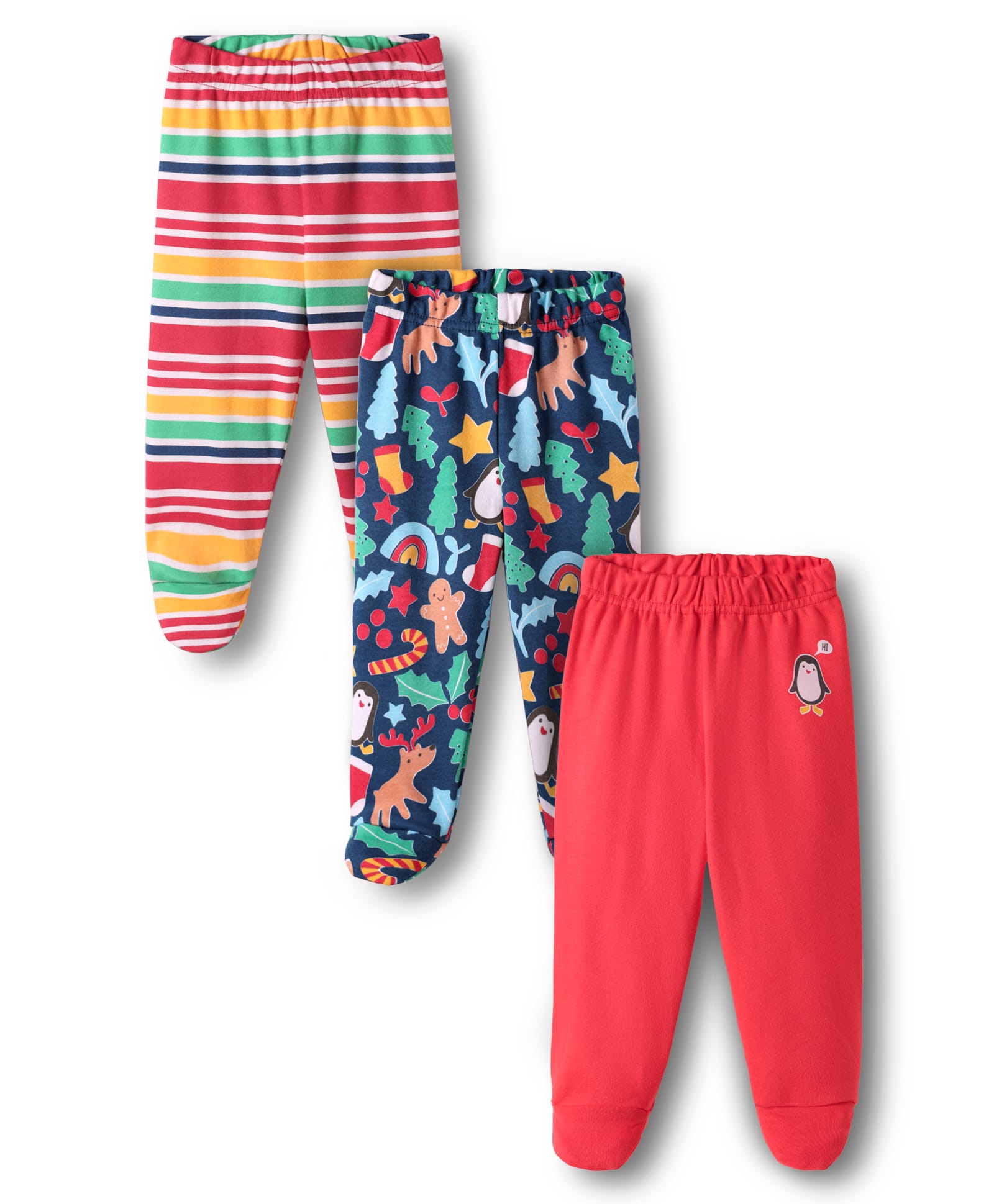 Babyhug Cotton Knit Full Length Bootie Leggings With Stripes & Christmas Theme Print Pack Of 3 - Multi Colour-image-8