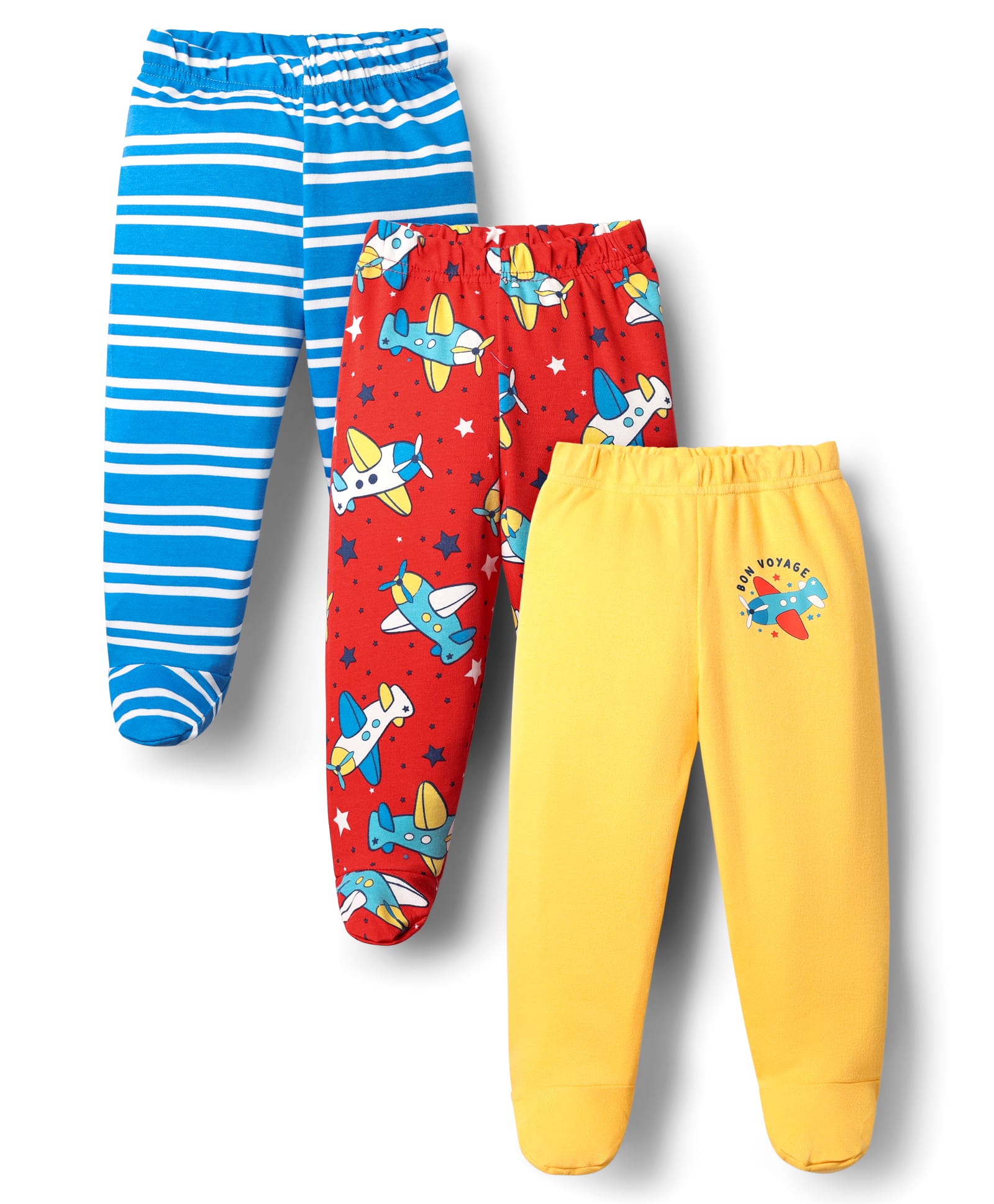Babyhug Cotton Knit Bootie Leggings With Stripes & Aeroplane Print Pack Of 3 - Yellow Red & Light Blue-image-45