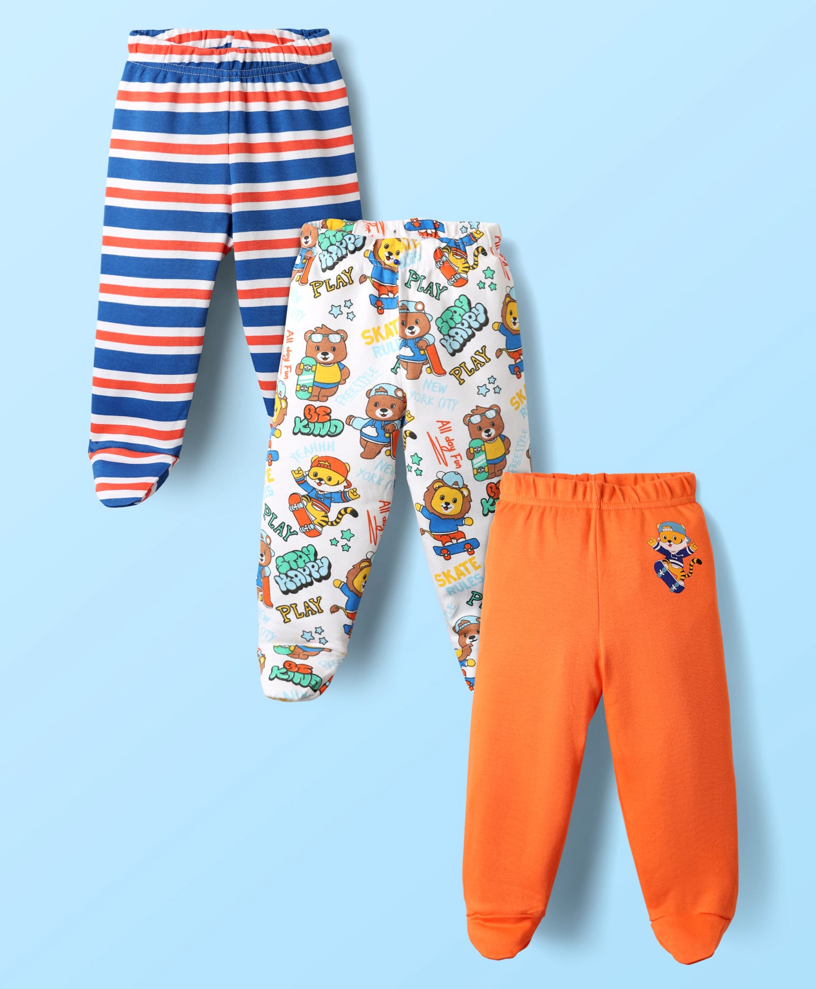 Babyhug Cotton Knit Striped & Animal Printed Bootie Leggings Pack of 3 - Orange White & Navy Blue-picture-25