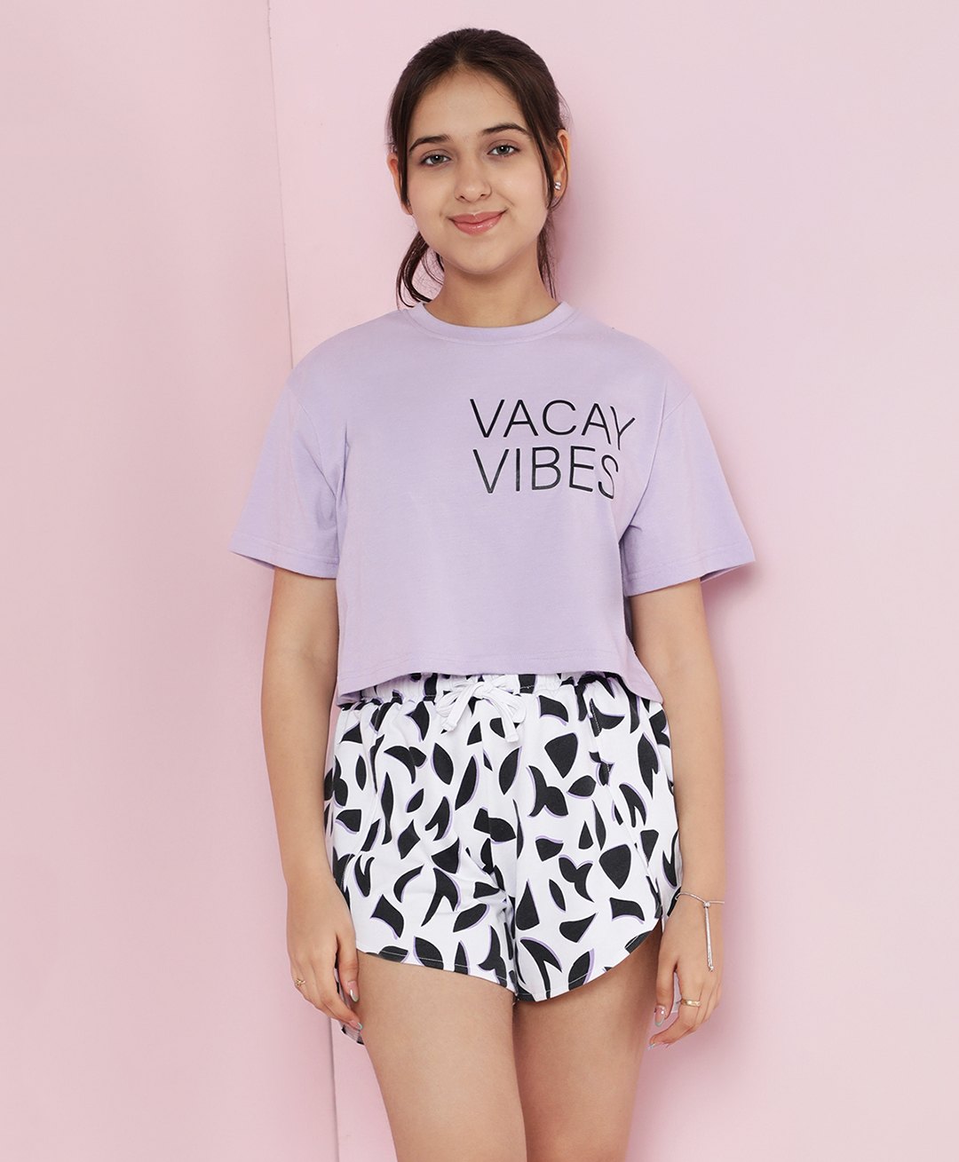 Lil Tomatoes Cotton Knit Half Sleeves Vacay Vibes Text Printed Top & Shorts Set - Lilac-picture-26