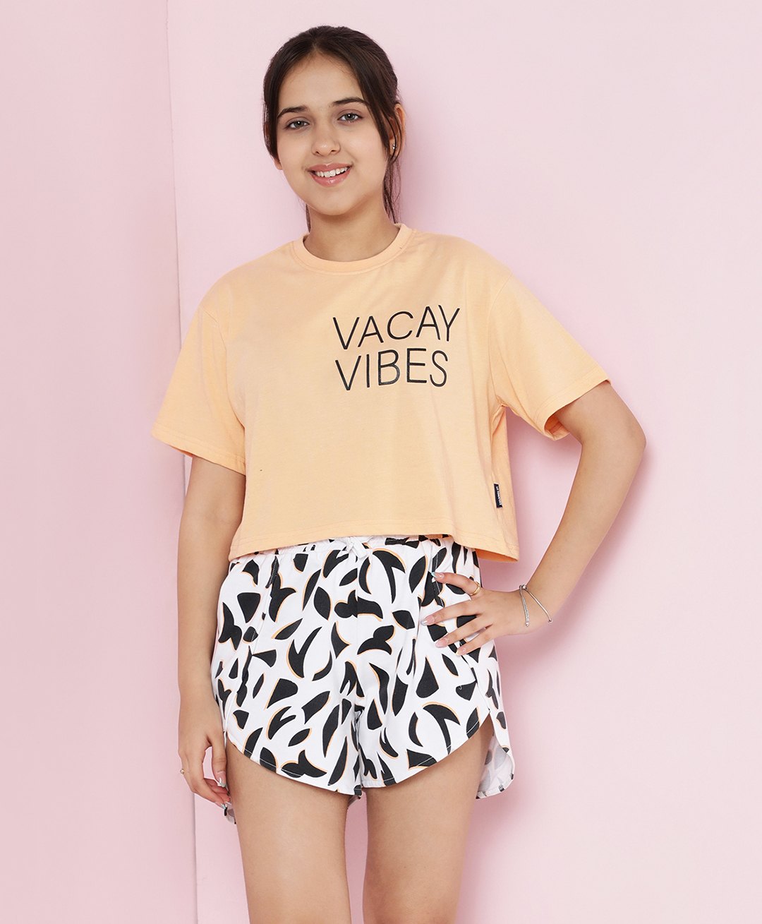 Lil Tomatoes Cotton Knit Half Sleeves Vacay Vibes Text Printed Top & Shorts Set - Peach-picture-24