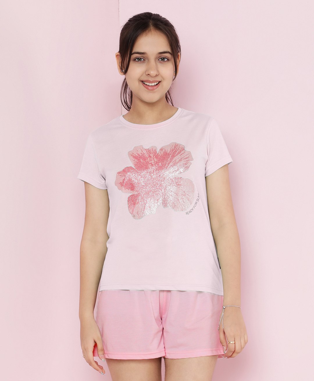 Lil Tomatoes Cotton Knit Half Sleeves Floral Printed Glitter Detailed Top & Shorts Set - Pink-picture-19