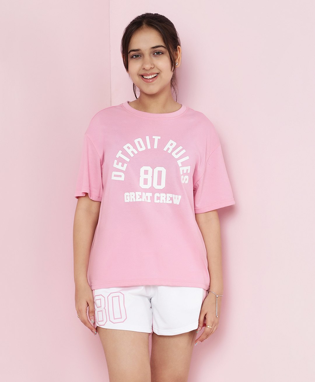 Lil Tomatoes Cotton Knit Half Sleeves Detroit Rules Text Printed Coordinating Top & Shorts Set - Pink-picture-35