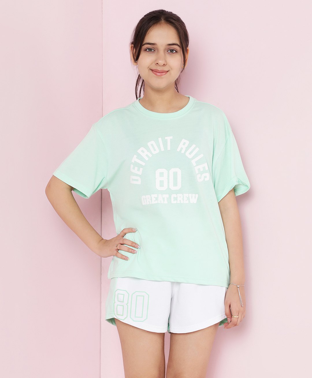 Lil Tomatoes Cotton Knit Half Sleeves Detroit Rules Text Printed Coordinating Top & Shorts Set - Light Green-image-10