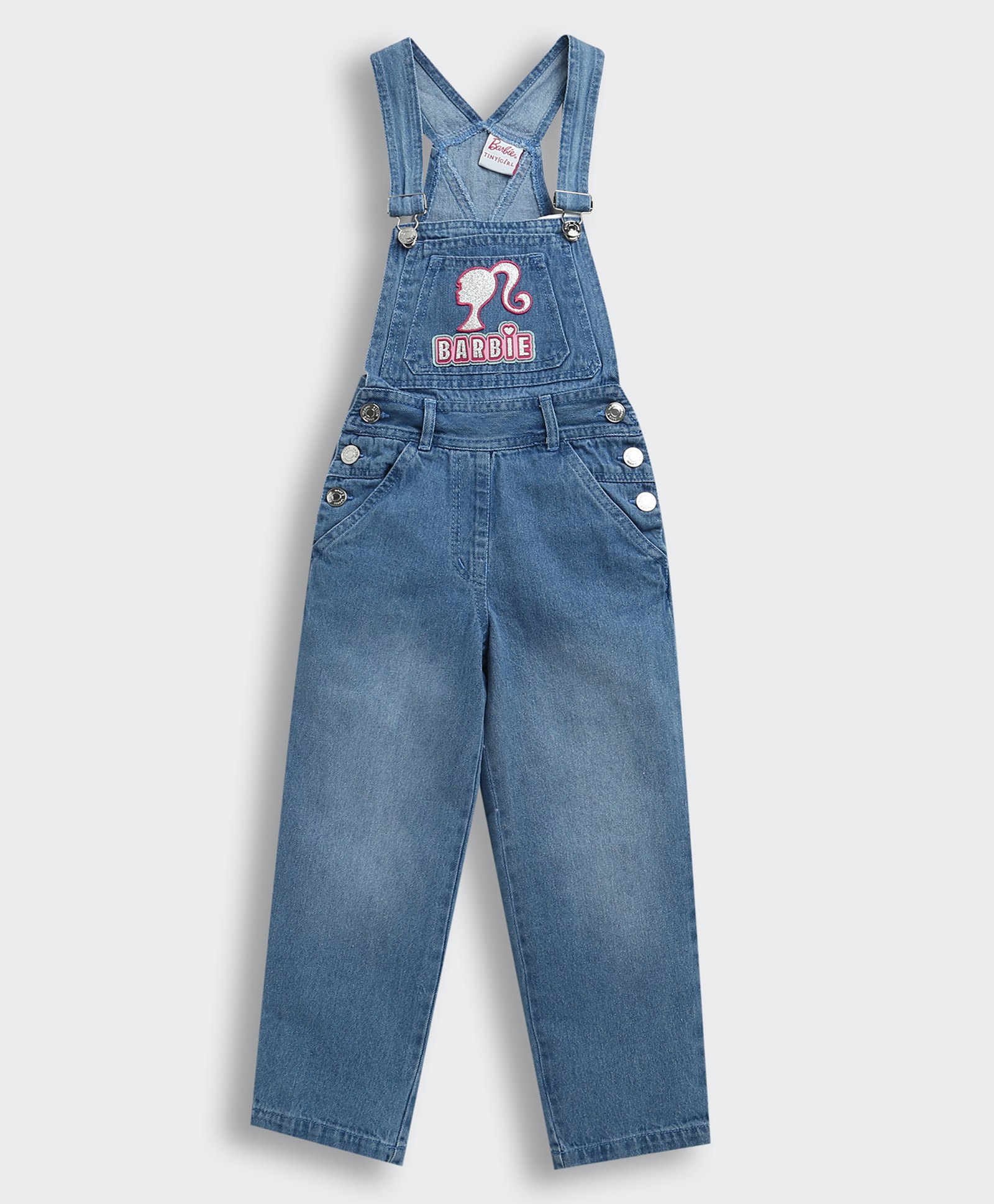 Barbie by Tiny Girl Cotton Sleeveless Typography Glitter Patch Detailed Mild Washed Dungaree - Light Blue-image-16