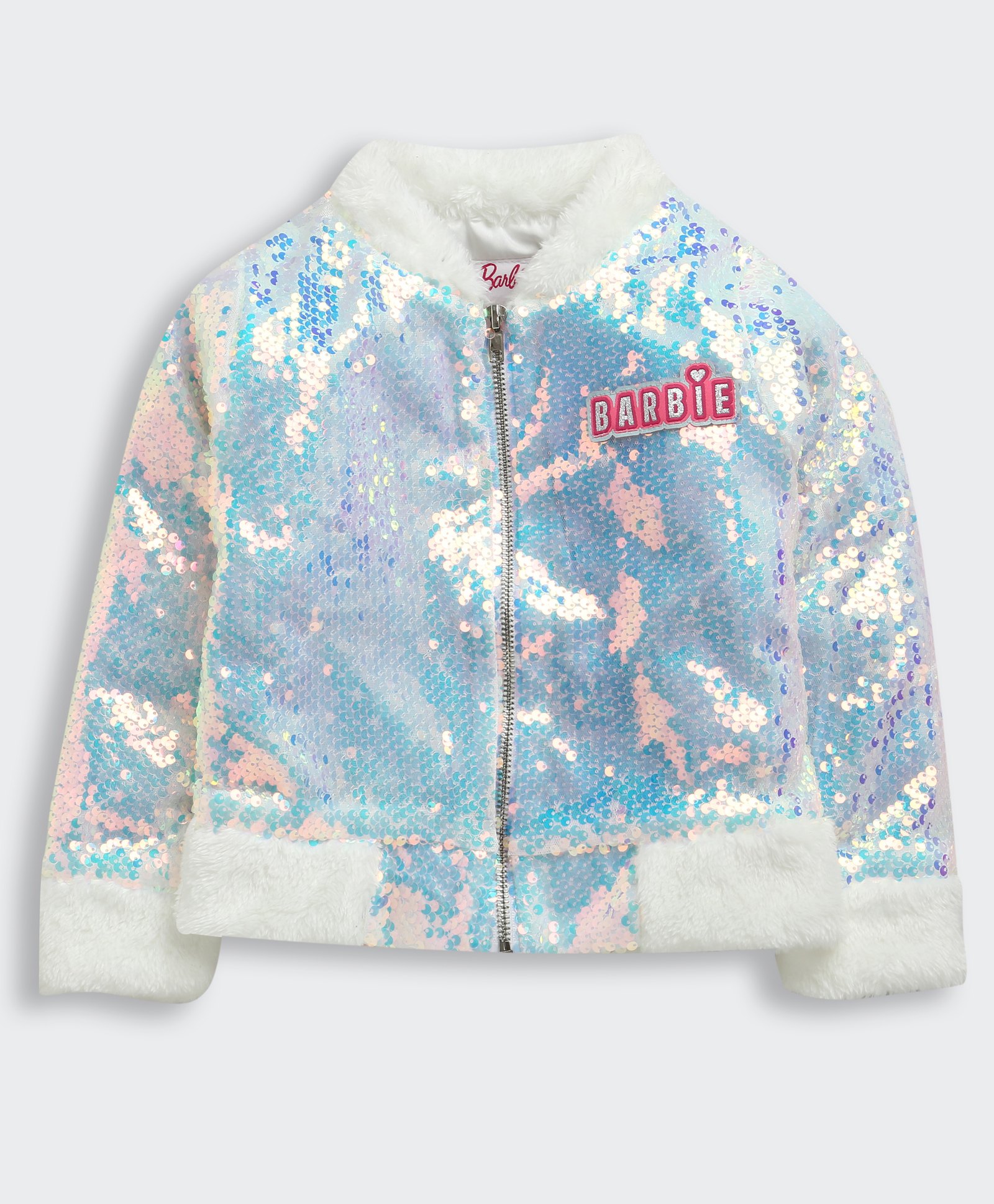 Barbie by Tiny Girl Mattel Featuring Full Sleeves Sequin Embellished Barbie Patch Detailed Jacket - Silver & White-picture-11