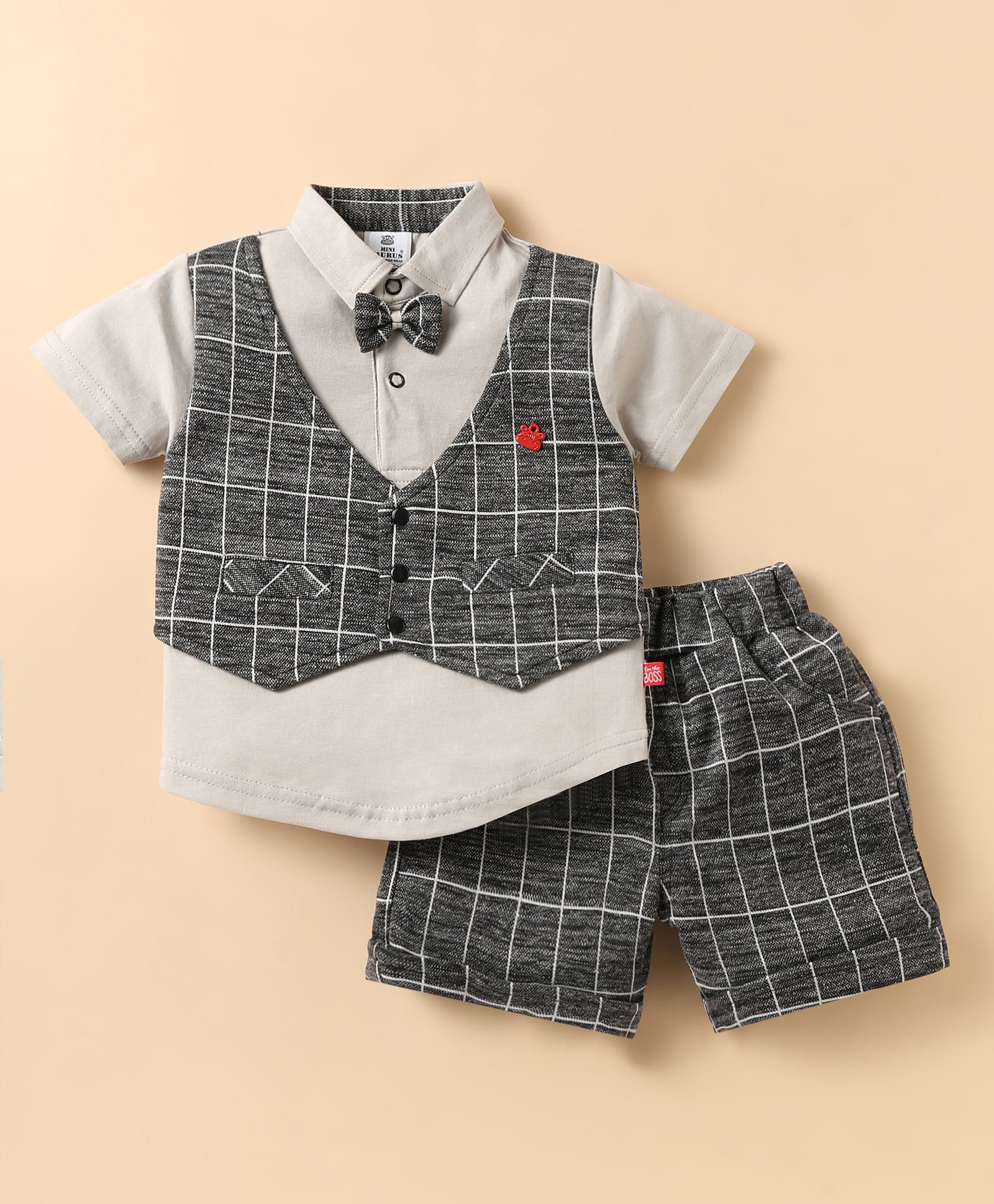Mini Taurus Cotton Knit Half Sleeves T-Shirt & Shorts With Attached Waistcoat & Bow Applique - Black-image-40