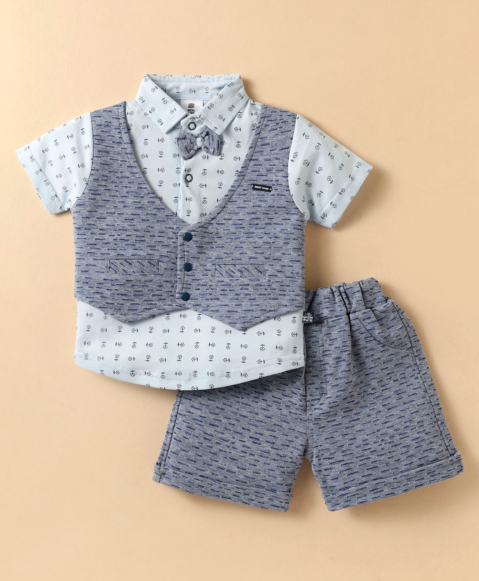 Mini Taurus Interlock Knit Half Sleeves Floral Printed T-Shirt & Shorts Set With Attached Waistcoat & Bow Applique - Light Blue & Grey-image-25