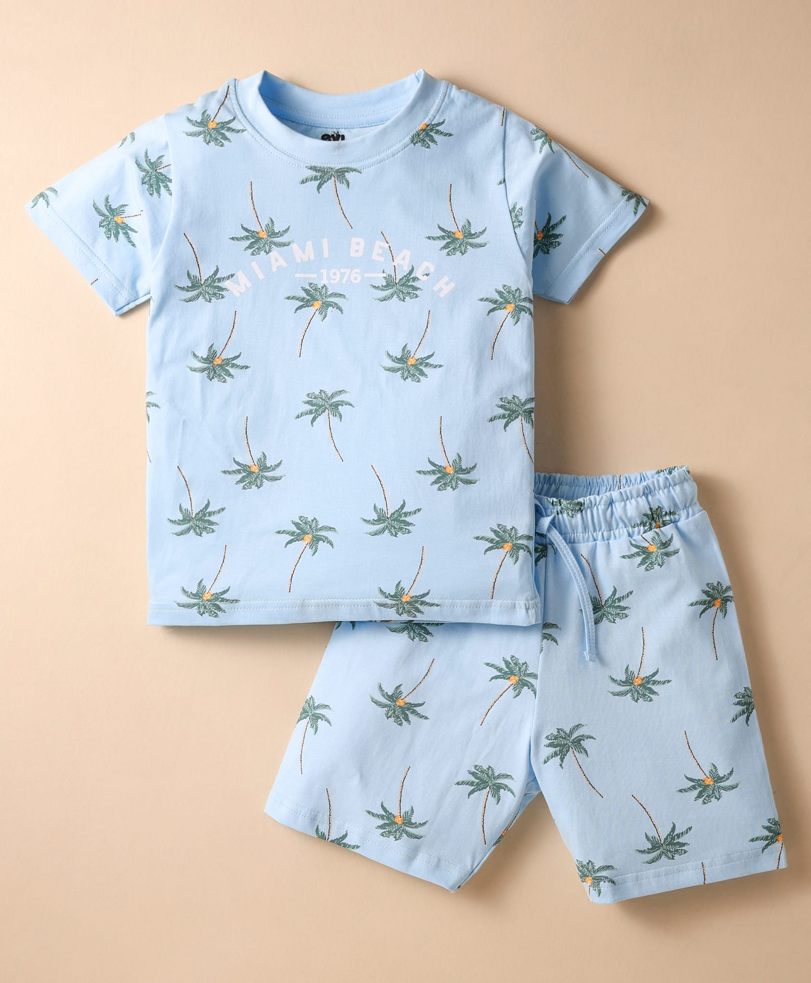 Evimo Single Jersey Knit Half Sleeves Co-ords Shorts Night Suit With Tropical Theme Print - Light Blue-image-30
