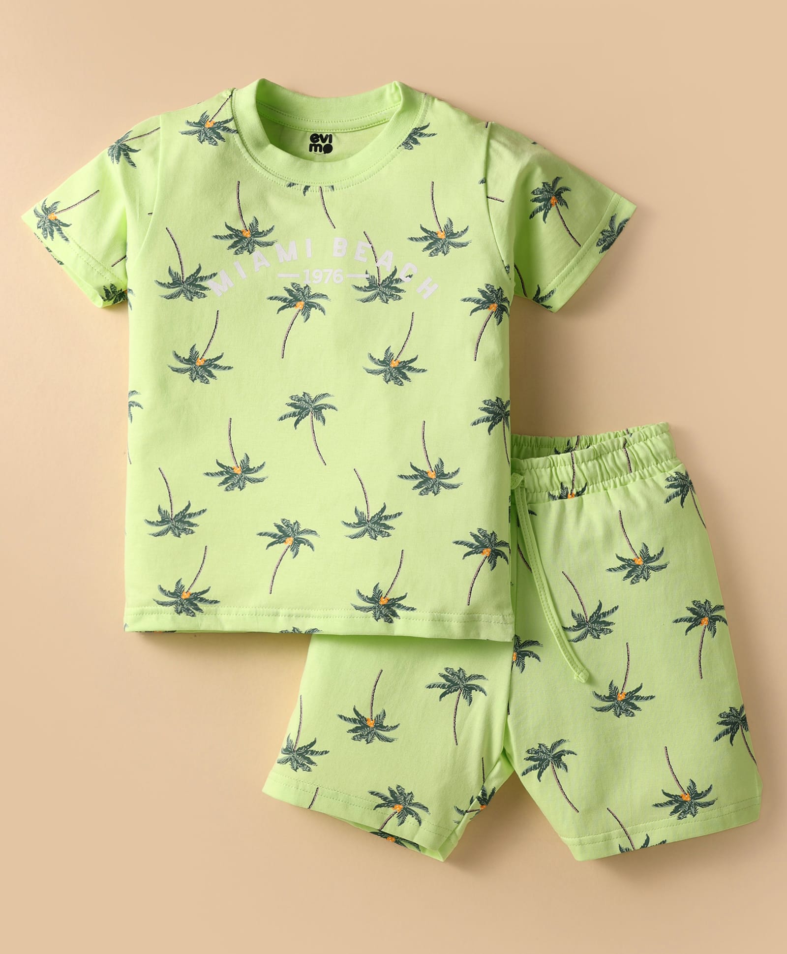 Evimo Single Jersey Knit Half Sleeves Co-ords Shorts Night Suit With Tropical Theme Print - Light Green-image-36