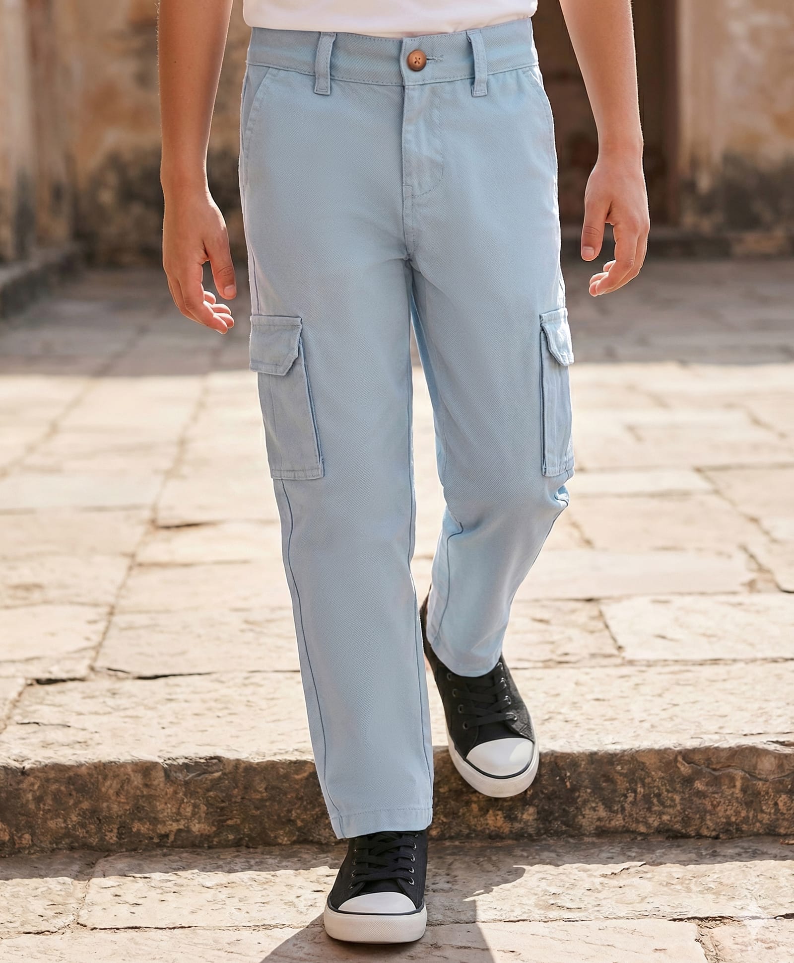 Pine Kids Cotton Woven Full Length Solid Coloured Trousers With Side Pockets - Light Blue-picture-36