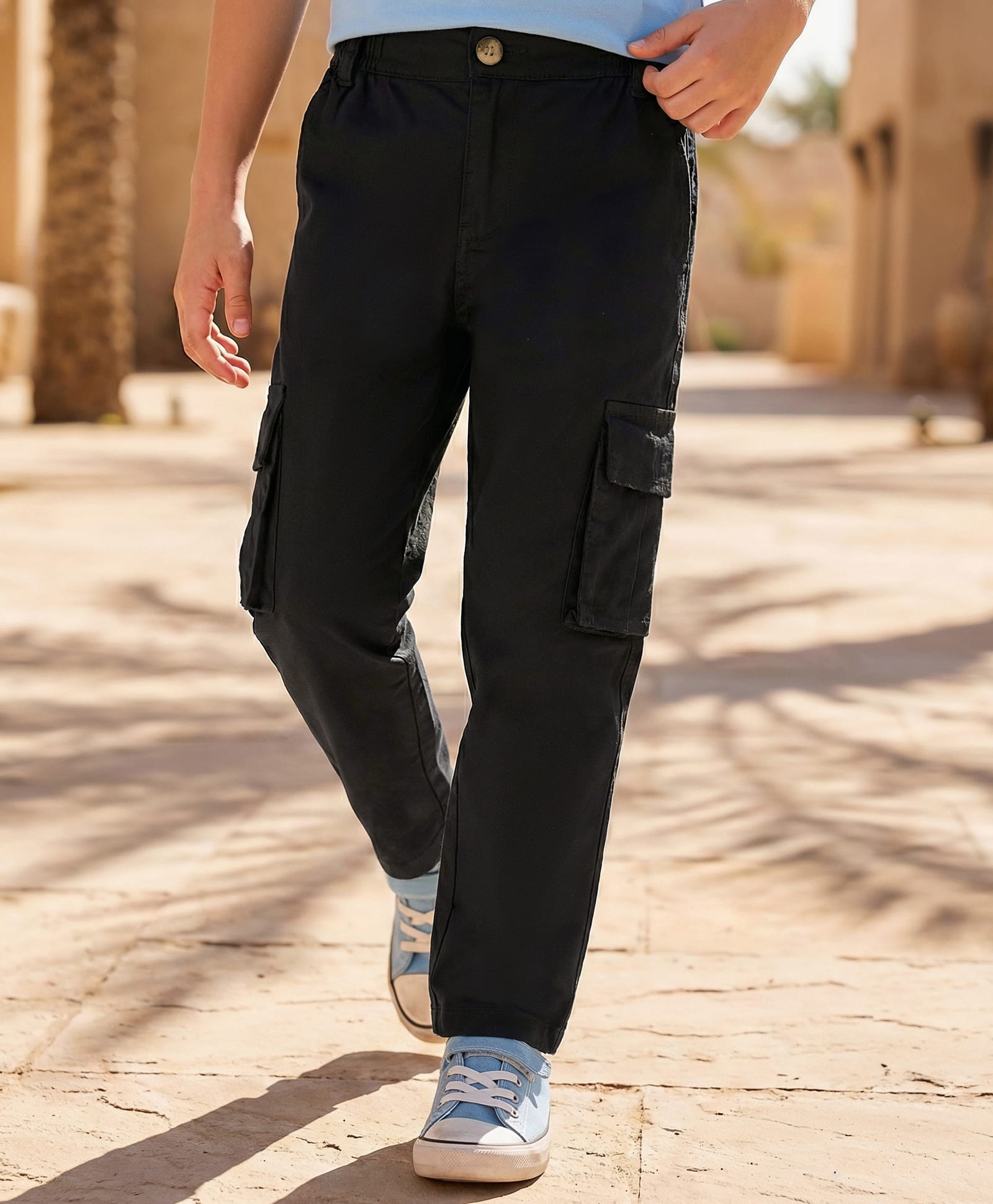 Pine Kids Cotton Elastane Full Length Solid Trouser - Black