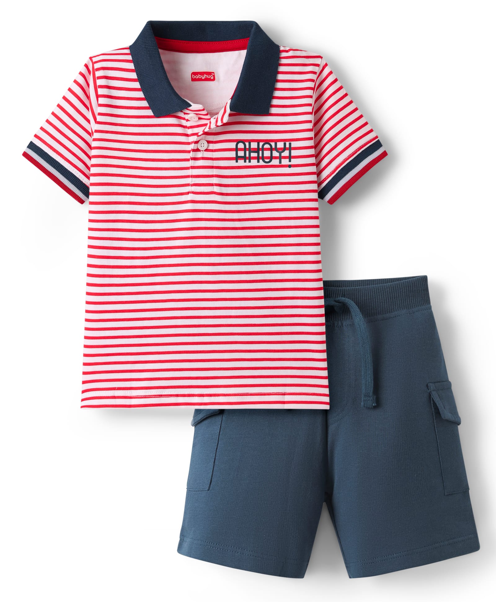 Babyhug Single Jersey Knit Half Sleeves Striped Polo T-Shirt & Shorts Set With Ahoy Print - Red & Navy Blue