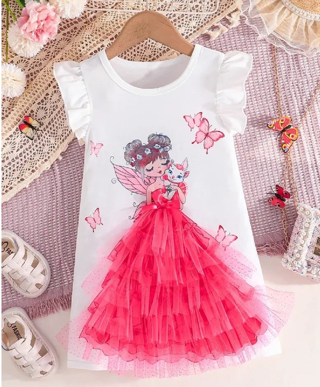 Bolly Lounge Cotton Blend Frill Sleeves Cat & Butterfly Printed Dress - White-image-34