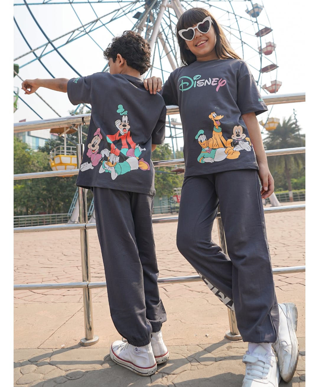 Nap Chief Pure Cotton Mickey & Friends Featuring Half Sleeves Characters Printed Tee & Coordinating Joggers Set - Dark Grey-picture-34