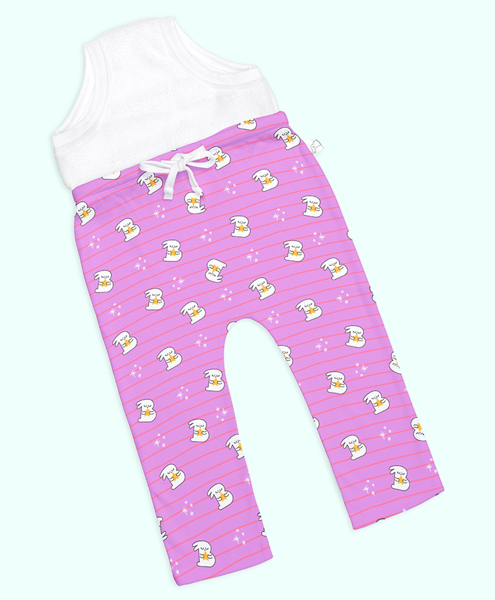 SuperBottoms Cotton Knit Baby Bunnies Printed Padded Diaper Pajamas - Purple-image-4