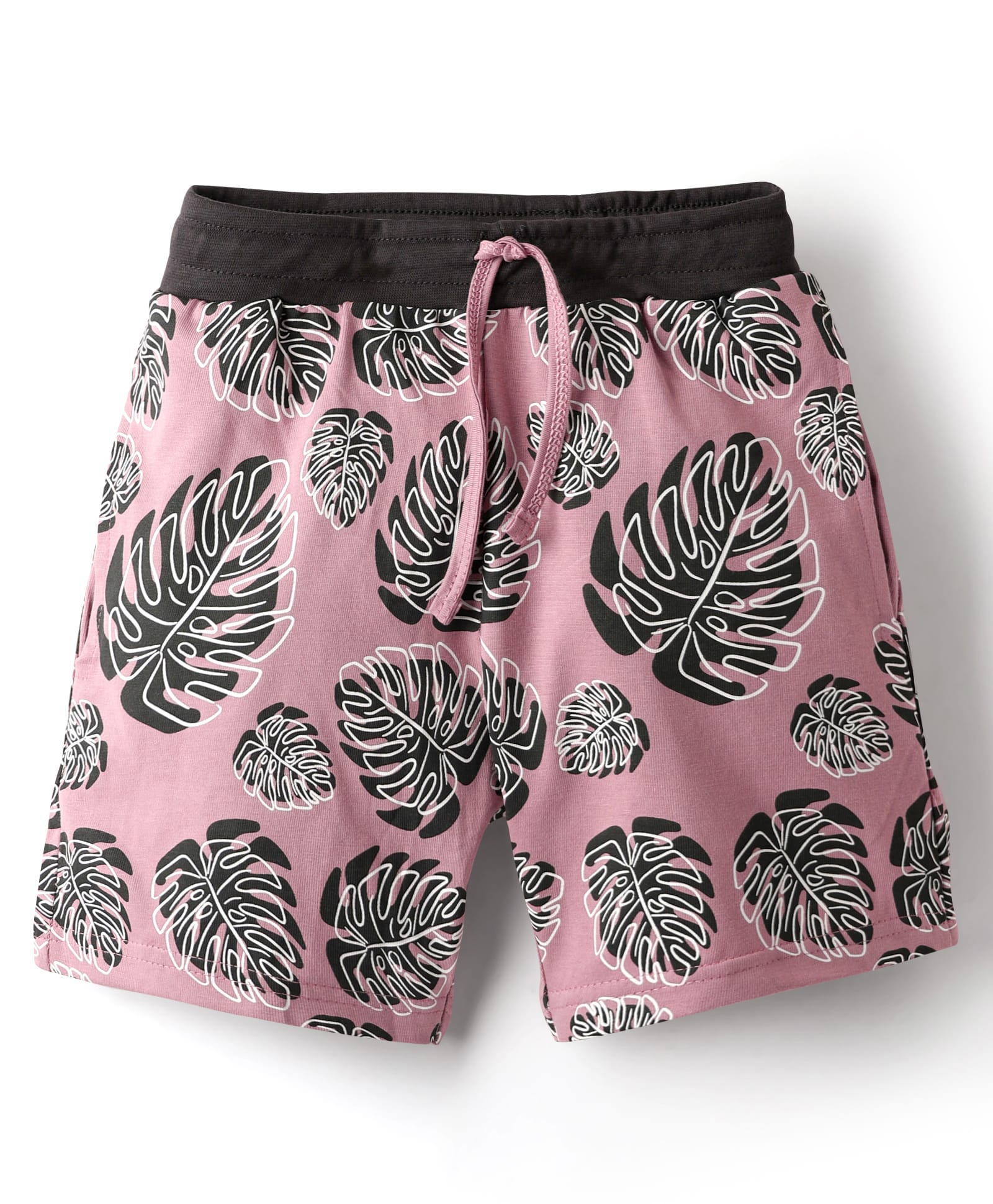 Evimo Single Jersey Knit Knee Length Shorts With Leaf Print - Pink-picture-15