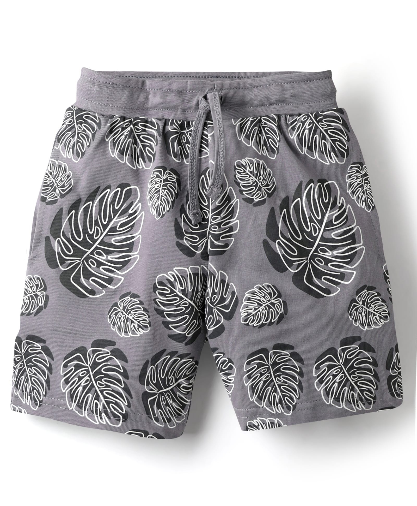 Evimo Single Jersey Knit Knee Length Shorts With Leaf Print - Grey-picture-38