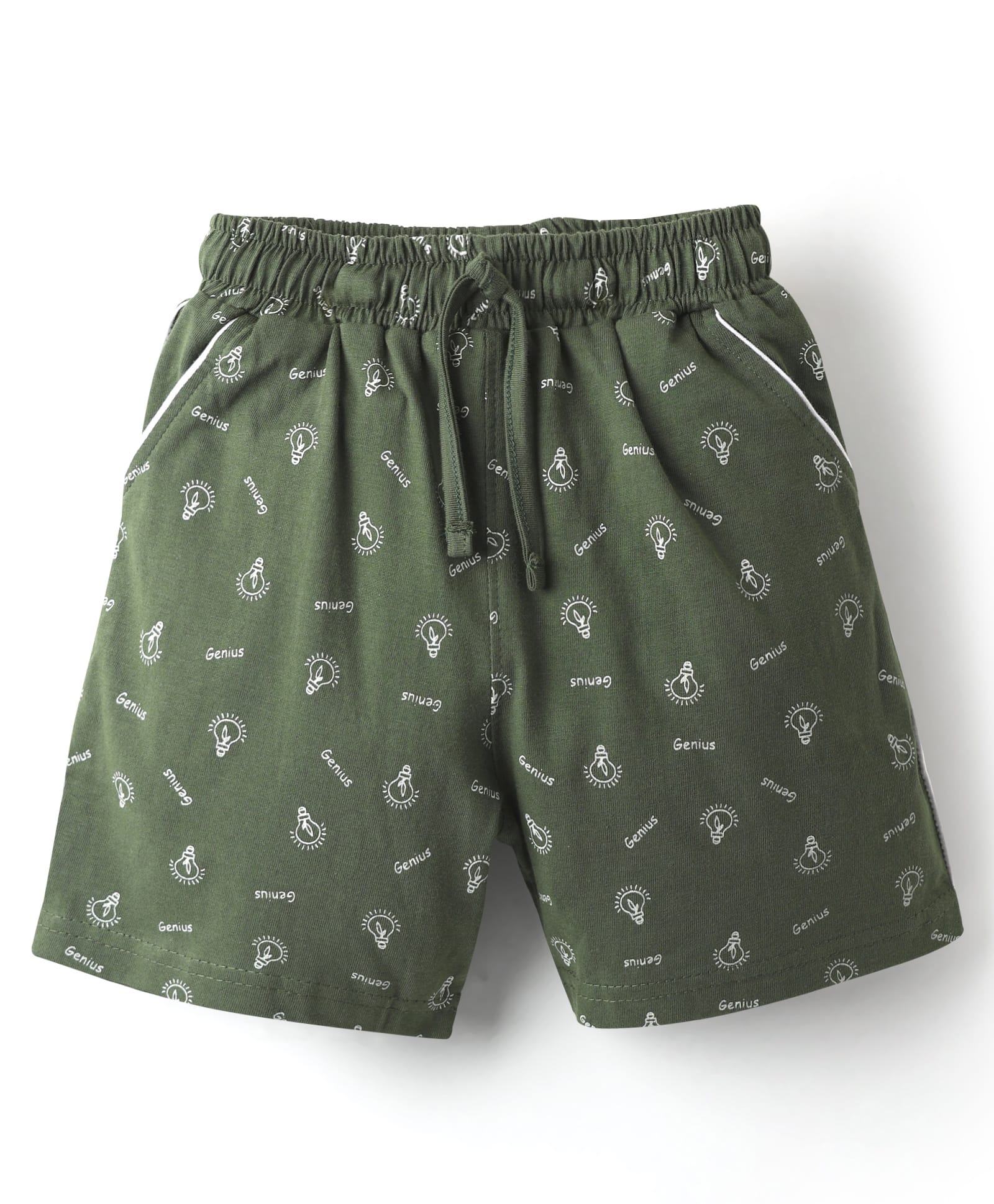 Evimo Single Jersey Knit Knee Length Shorts With Text & Bulb Print - Olive Green-picture-3