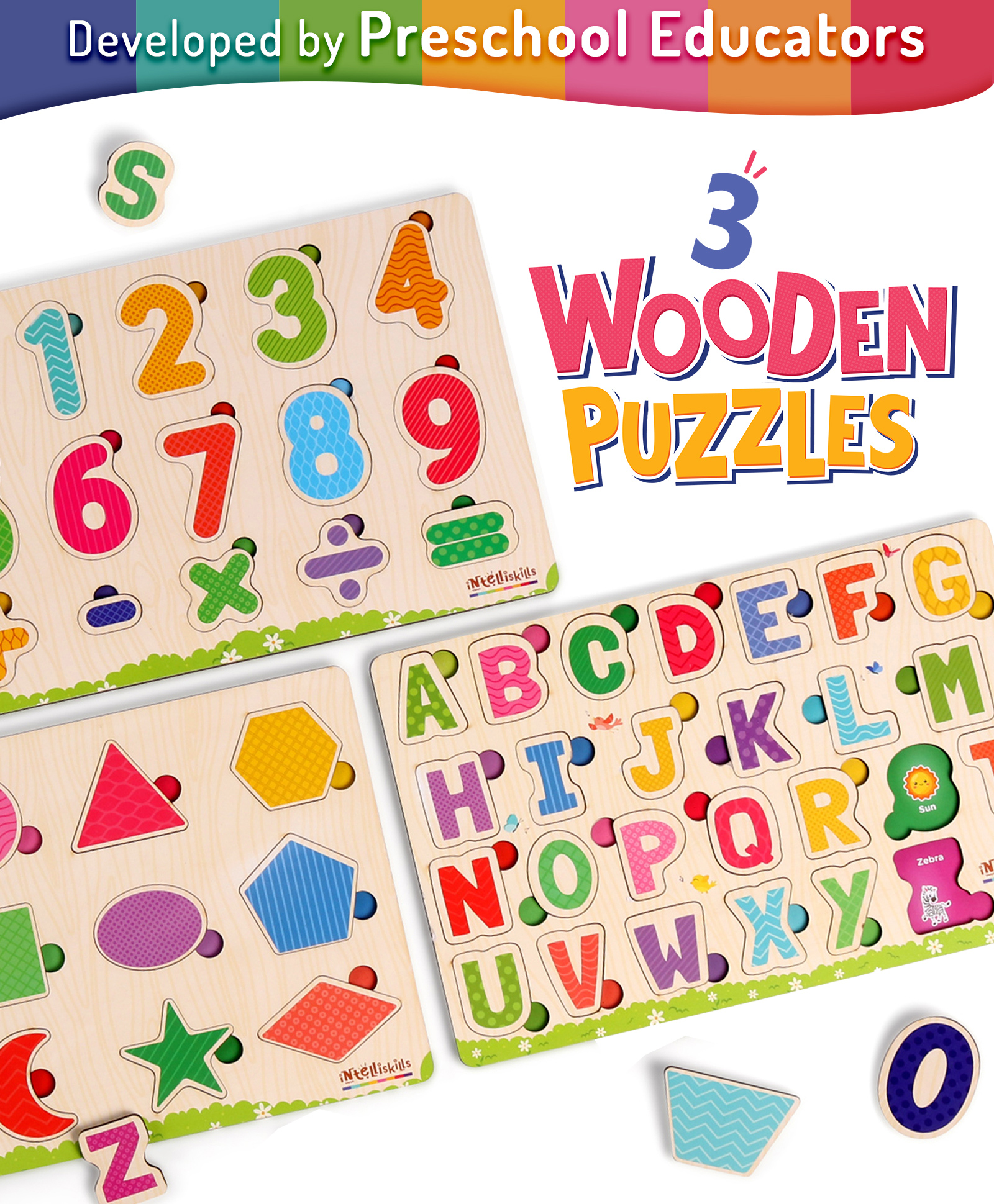 Intelliskills 3-in-1 Wooden Puzzle Tray Set for Kids | Alphabet, Numbers & Shapes | Montessori Educational Toy | Boosts Vocabulary & Recognition | For Gifting | BIS Certified | Educator Recommended