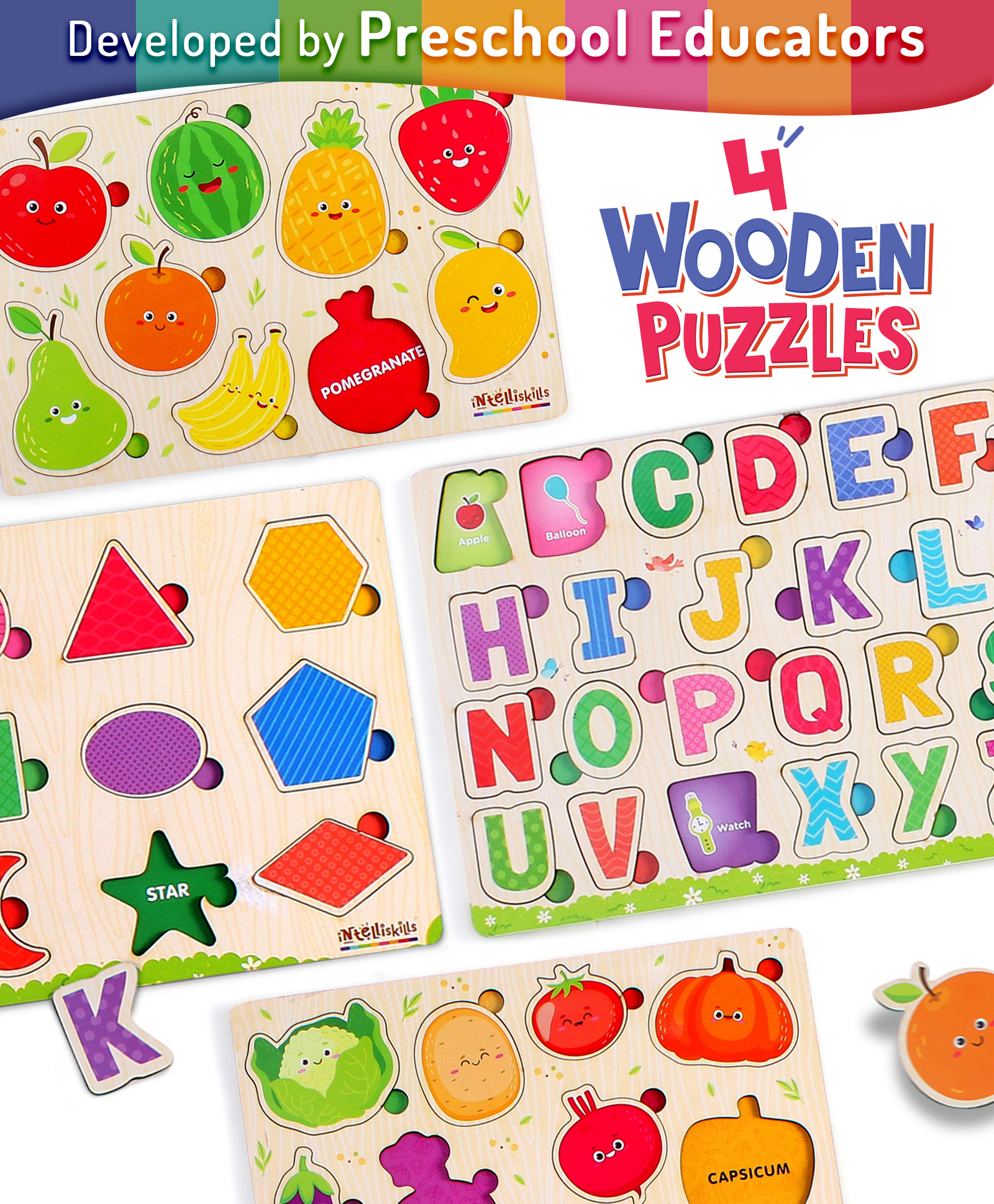 Intelliskills 4-in-1 Wooden Puzzle Tray Set for Kids |Fruits,Vegetables,Alphabet & Shapes |Montessori Educational Toy |Boosts Vocabulary & Recognition |For Gifting |BIS Certified |Educator Recommended
