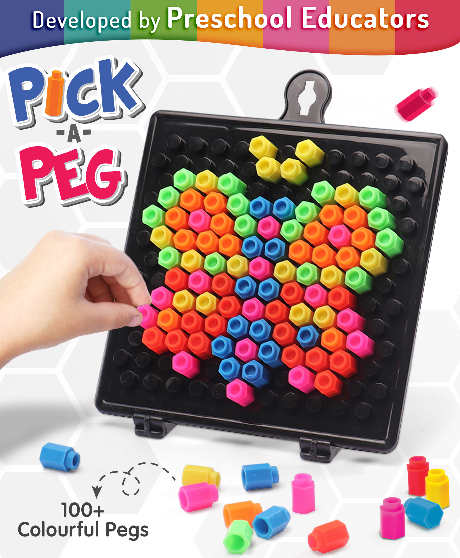 Intelliskills Pick-A-Peg Play Board | 100+ Multicoloured Pegs | Creative Mosaic Puzzle & Activity Game | Montessori Learning & Pattern Building Toy | BIS Certified | Educator Recommended | For Gifting