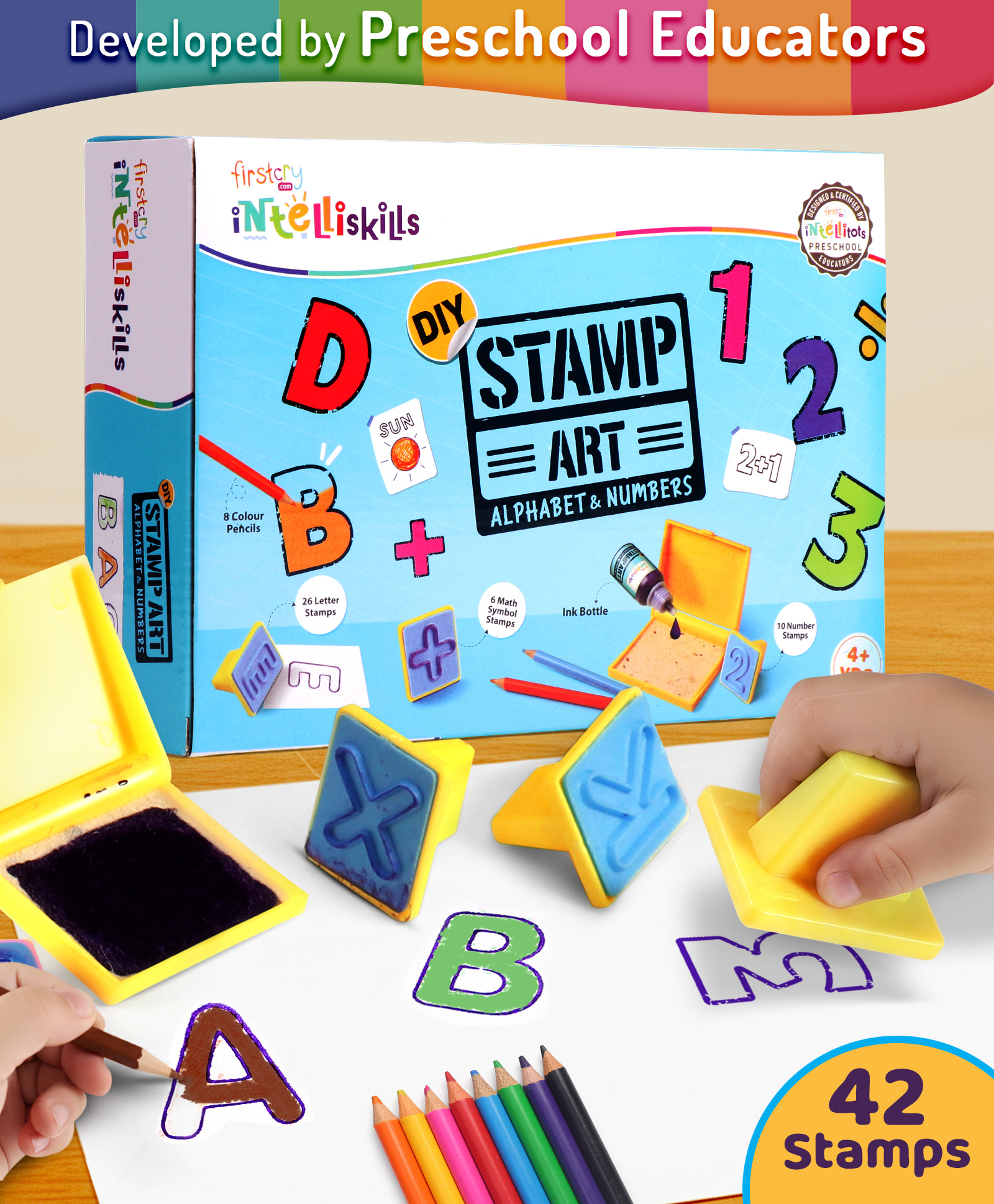 Intelliskills DIY Stamp Art Alphabet & Numbers for Kids |Colouring & Stamping Craft Kit |42 Stamps,8 Colour Pencils,1 Ink Bottle,1 Stamp Pad & Booklet |BIS Certified |Educator Recommended |For Gifting