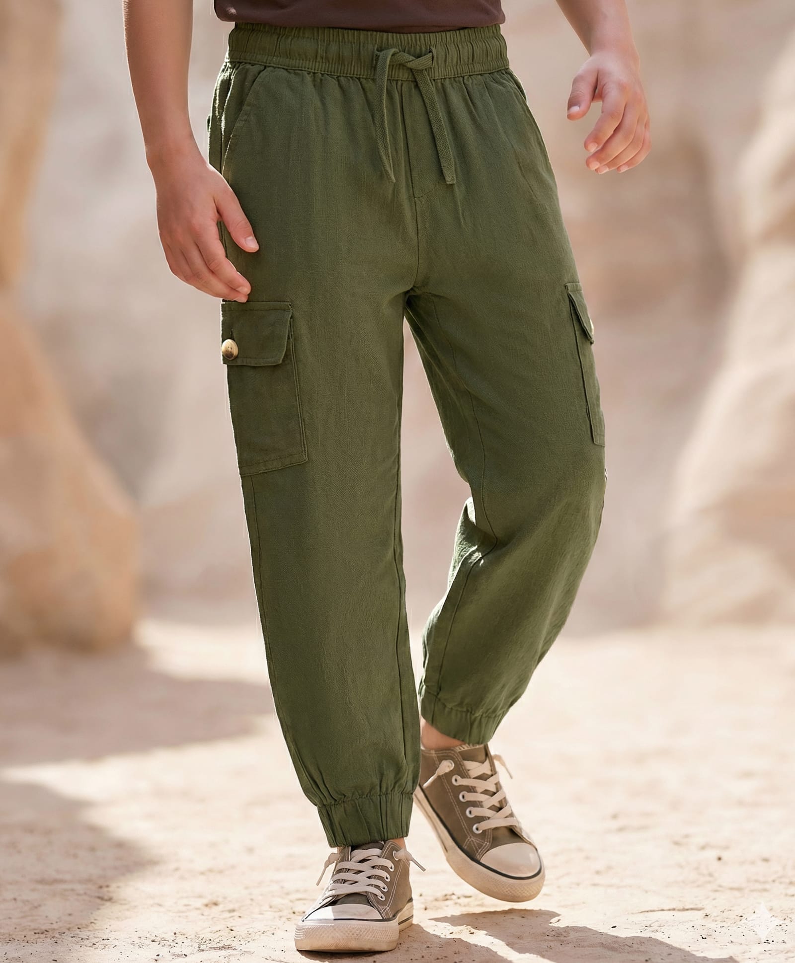 Pine Kids Cotton Elastane Woven Full Length Solid Color Cargo Pants With Pockets - Olive Green-image-31