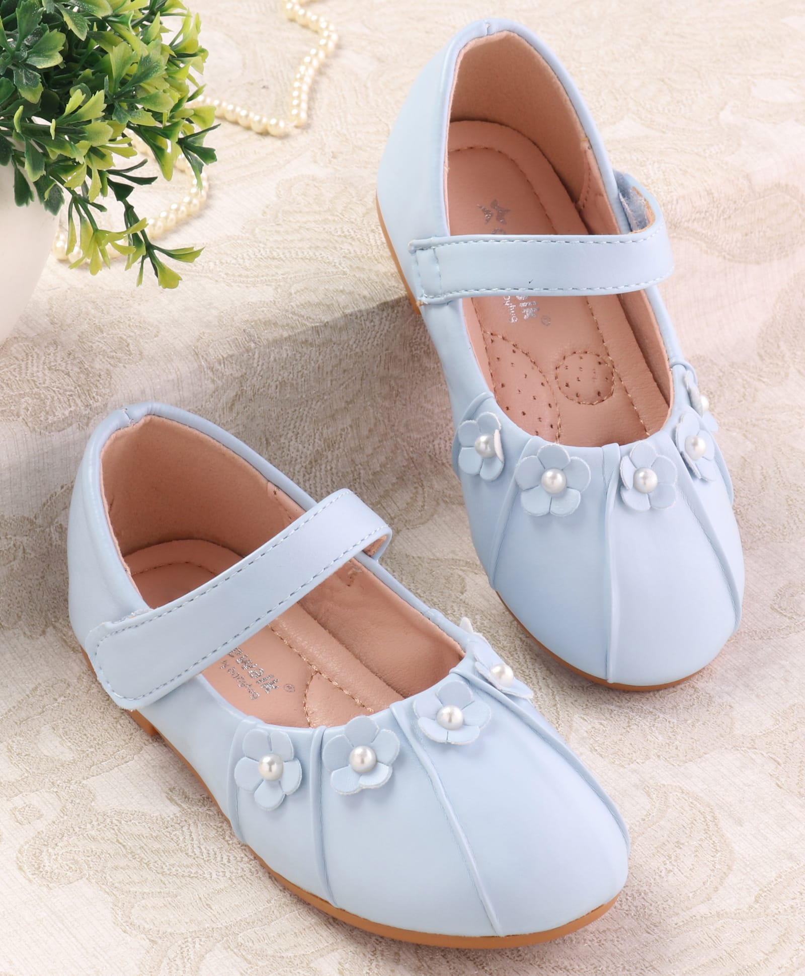 Cute Walk by Babyhug Velcro Closure Ballerina with Floral & Pearl Applique - Light Blue-image-33