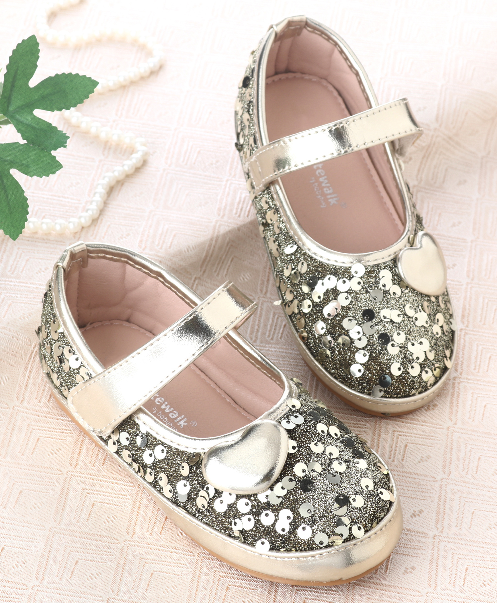 Cute Walk by Babyhug Ballerina With Velcro Closure and Heart Applique & Sequin - Golden-image-43
