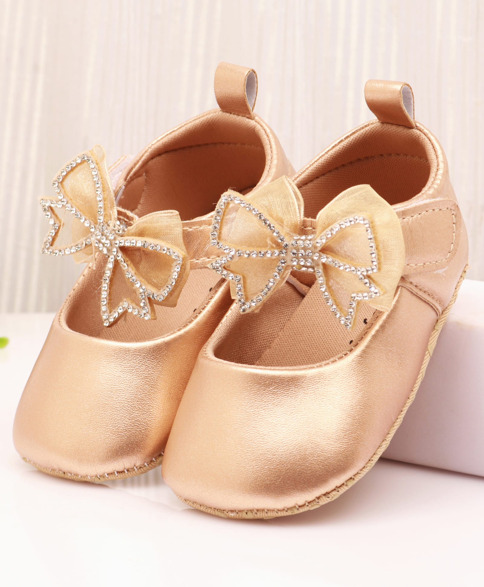 Babyoye Velcro Closure Solid Coloured Booties With Bow Applique - Golden-image-21