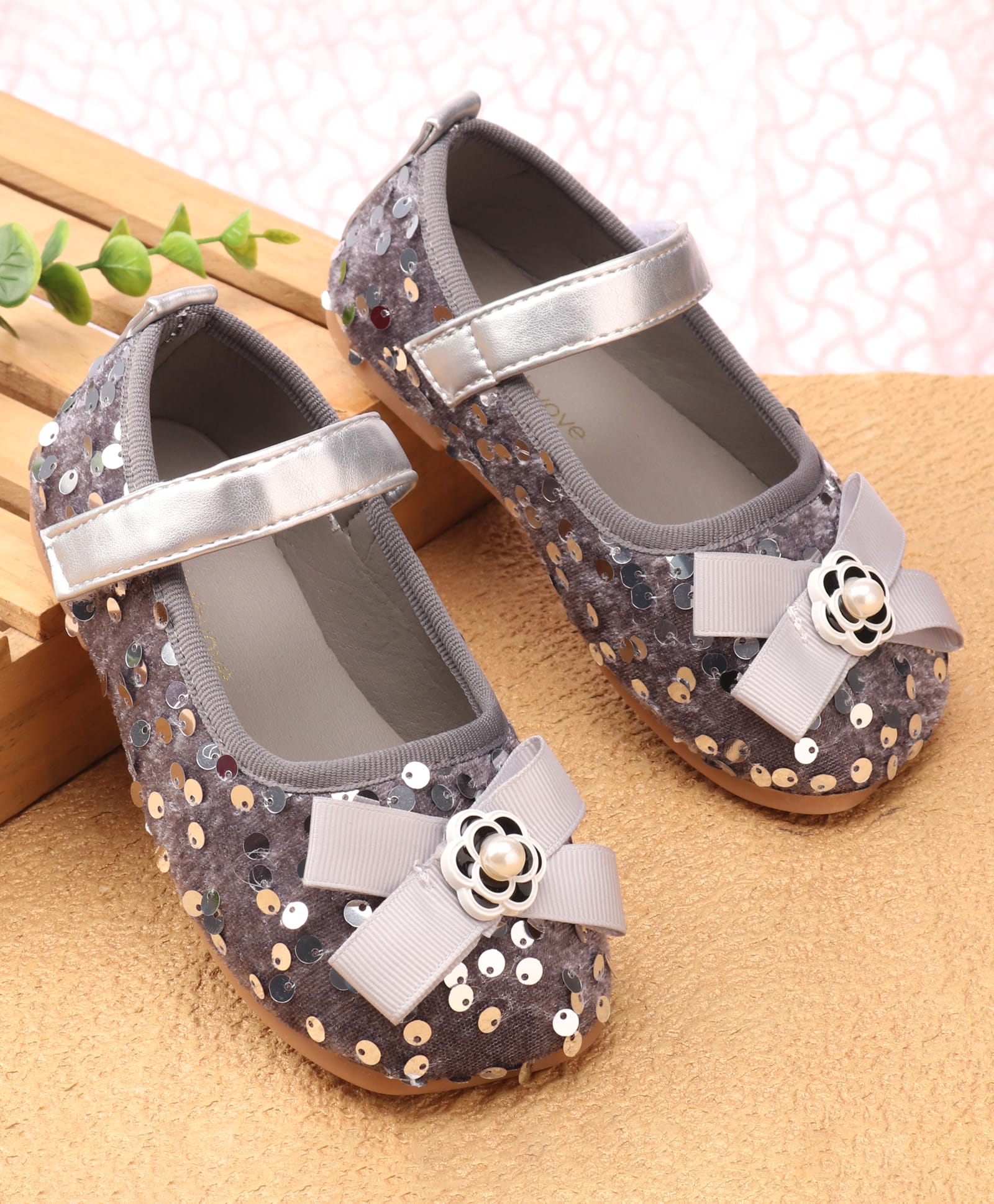 Babyoye Velcro Closure Ballerina With Sequins & Bow Applique - Grey-image-21